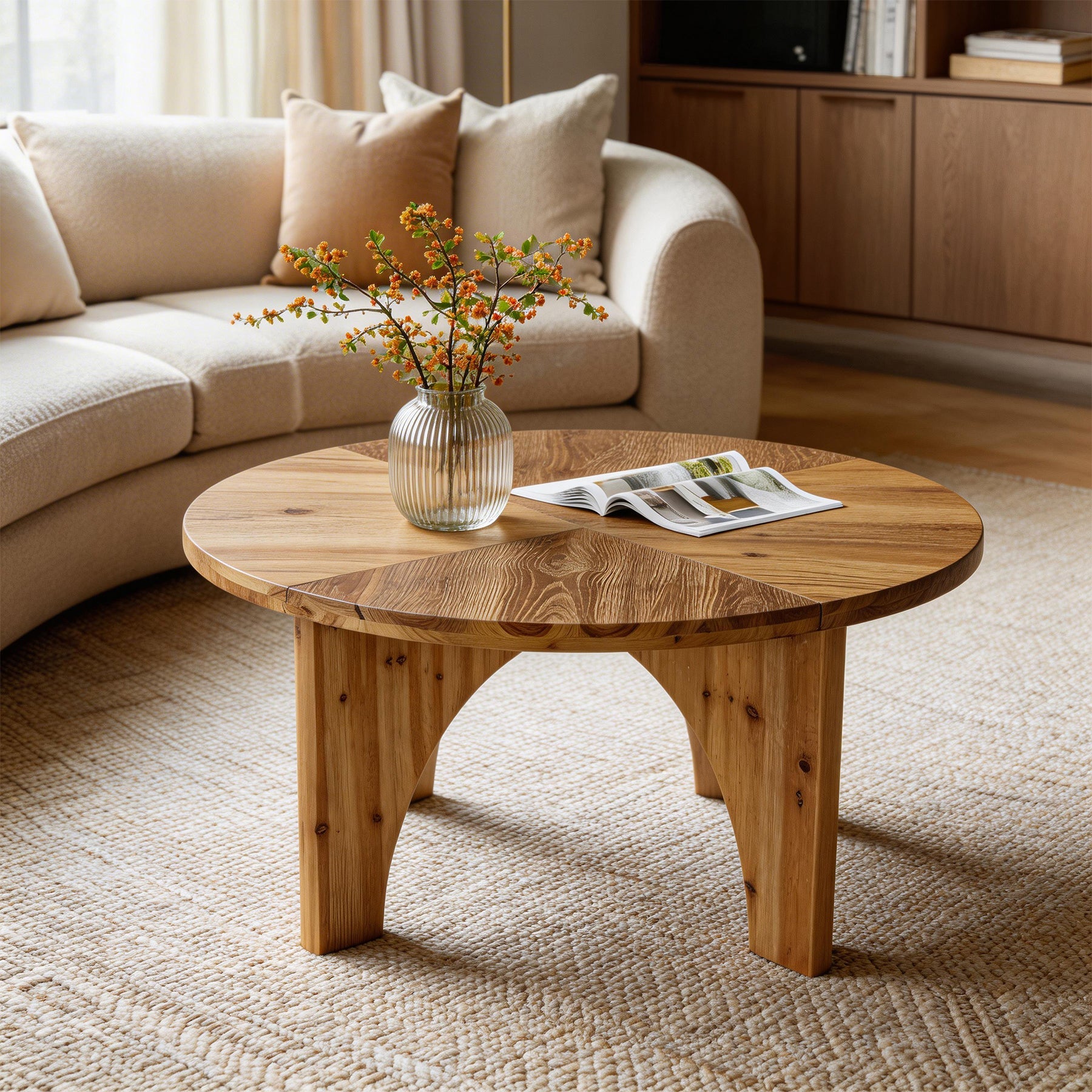 31.5" Round Coffee Table, Farmhouse Solid Wood Center Table with Curved Legs