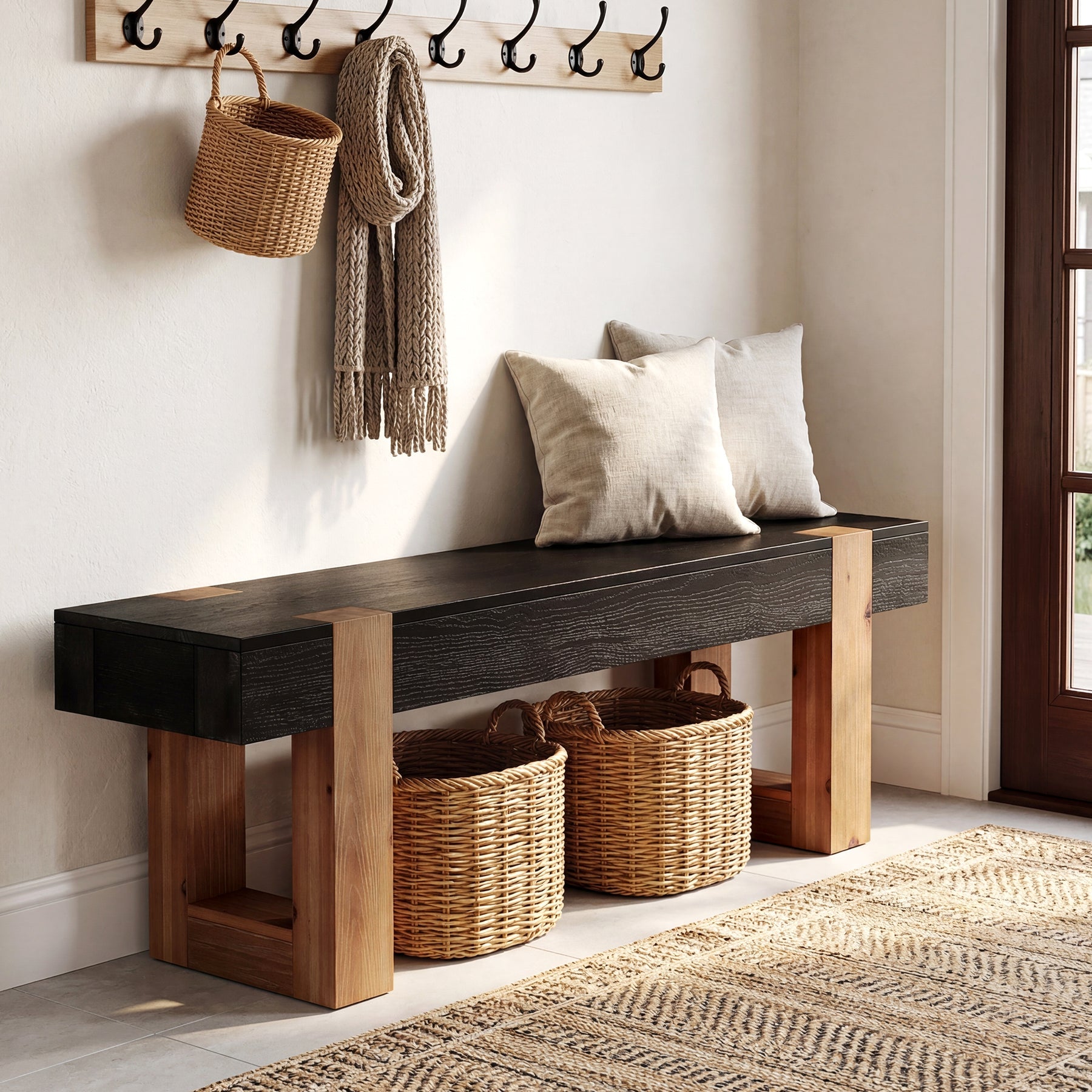 55" Solid Wood Dining Bench, Farmhouse Wooden Entryway Bench