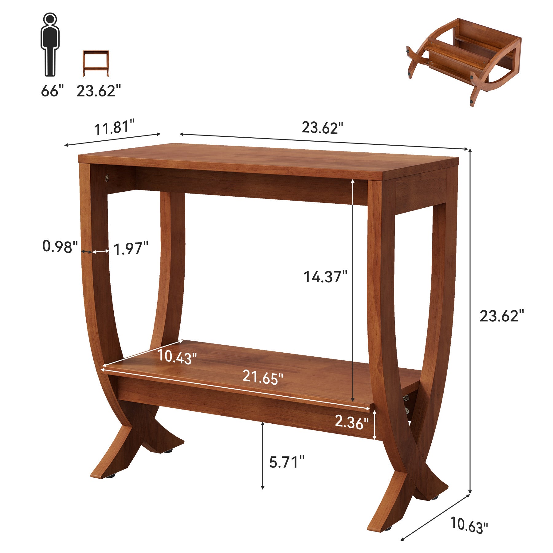 Solid  Wood End Table, 2-Tier Couch Side Table with Arched Legs