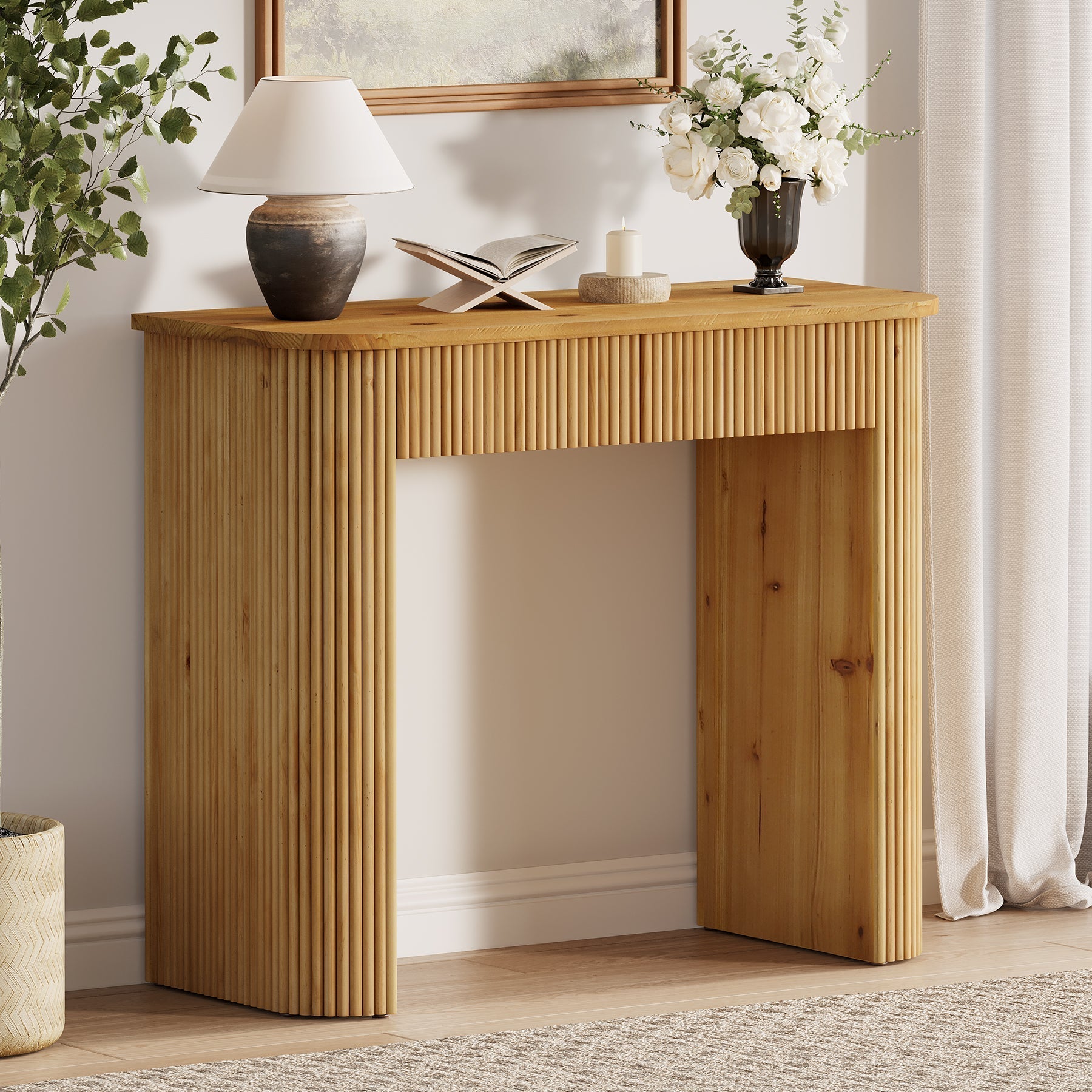 Solid Wood Console Table, 39" Fluted Entryway Sofa Table with Drawers