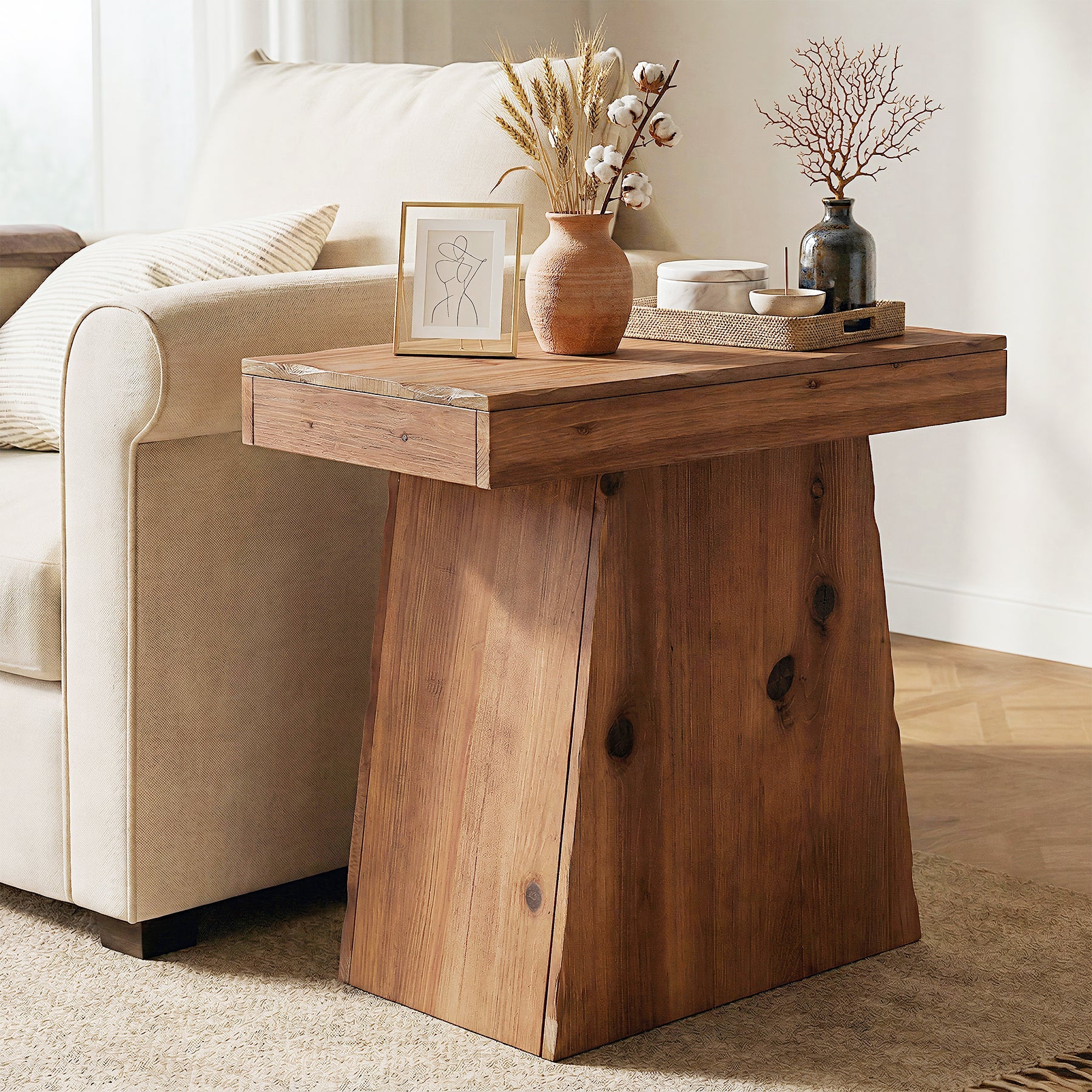 23.6-Inch Solid Wood End Table with Trapezoid Base, Small Walnut Side Taable for Living Room