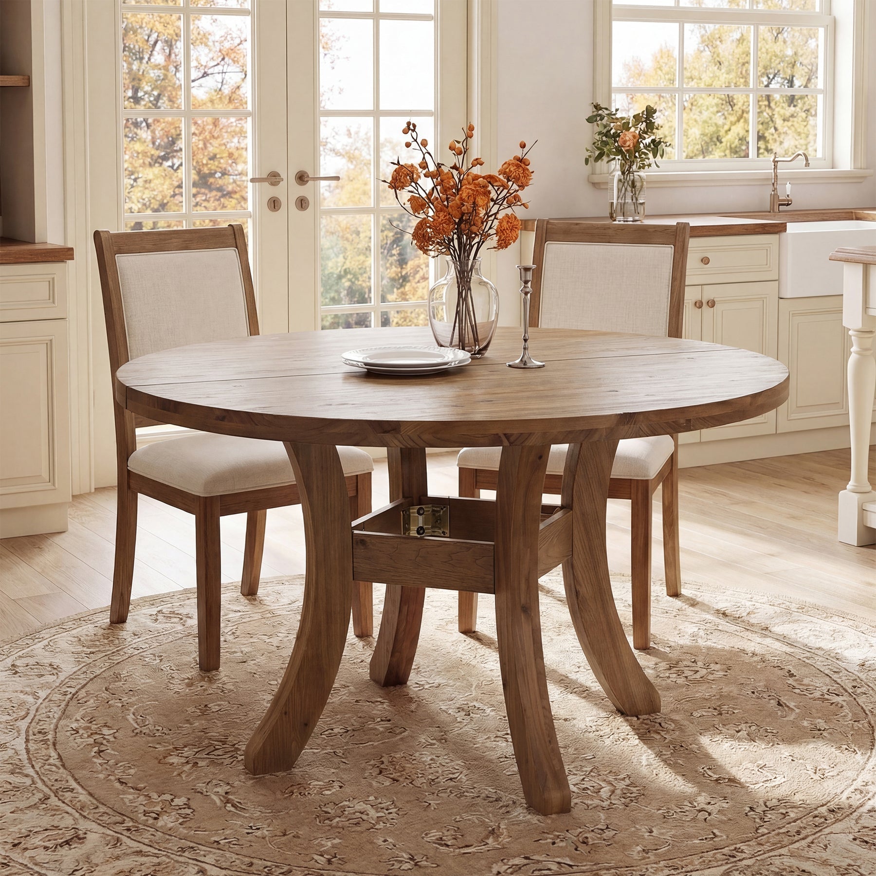 Solid Wood Round Dining Table, 47" Kitchen Table with Unique Curved Legs