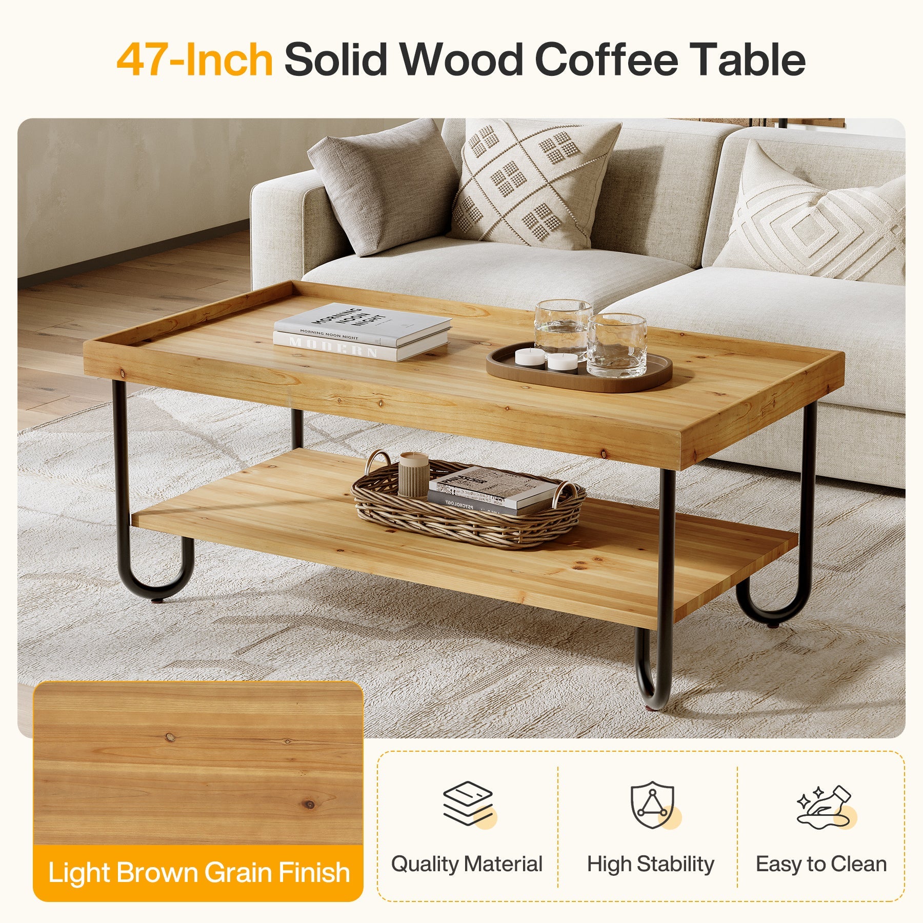 Solid Wood Coffee Table, 2-Tier Rectangular Center Table with Curved Metal Legs