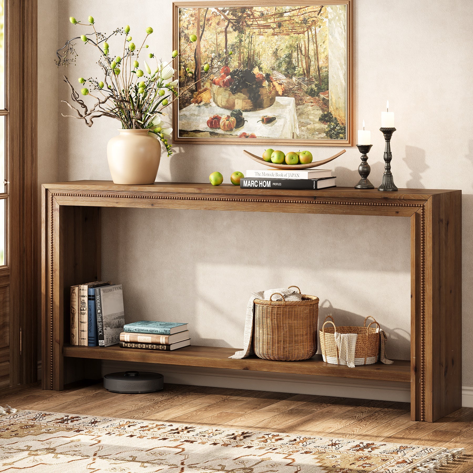 63" Solid Wood Console Table, Narrow Entryway Table with 2-Tier Storage Shelf