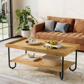 Solid Wood Coffee Table, 2-Tier Rectangular Center Table with Curved Metal Legs 3