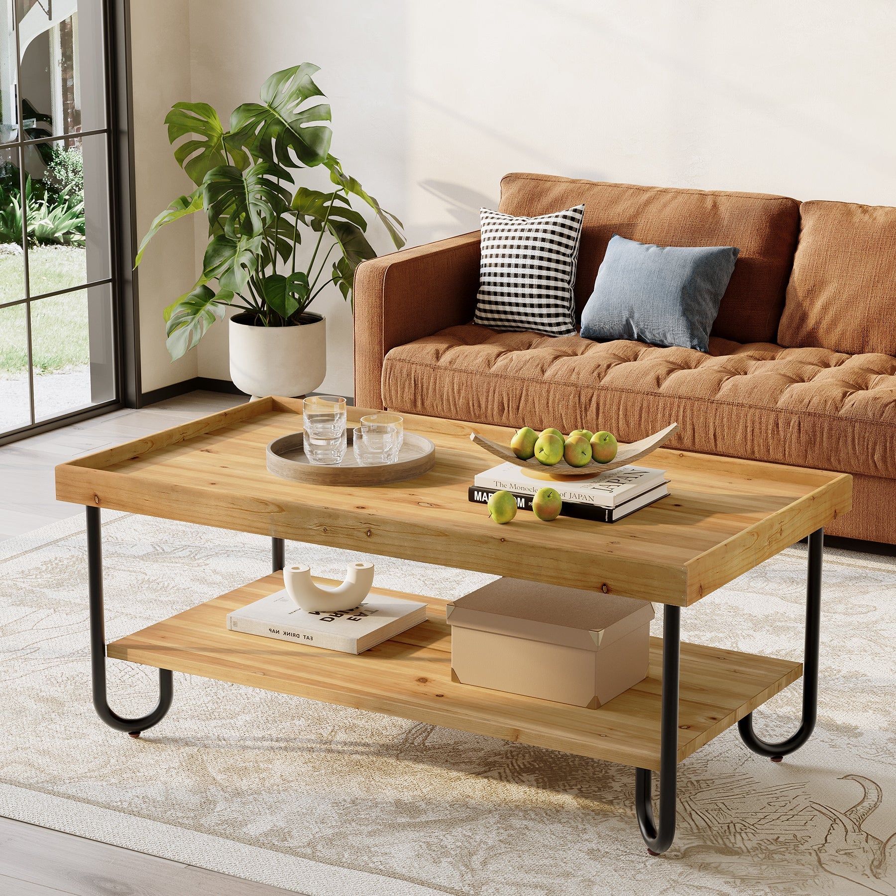 Solid Wood Coffee Table, 2-Tier Rectangular Center Table with Curved Metal Legs