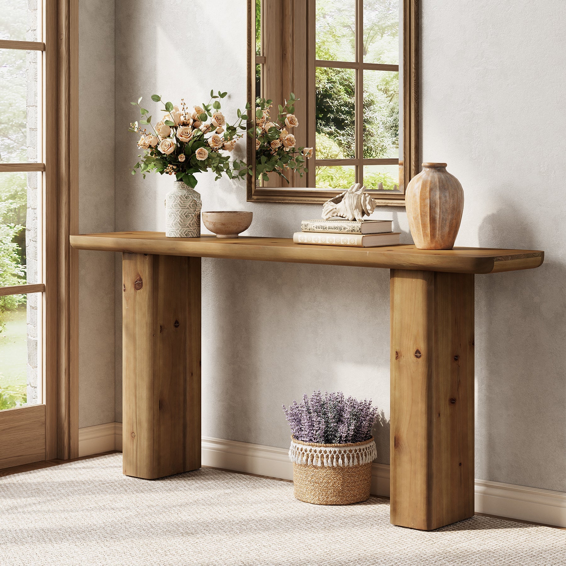 Solid Wood Console Table, 63" Sofa Table Behind Couch with Sturdy Base