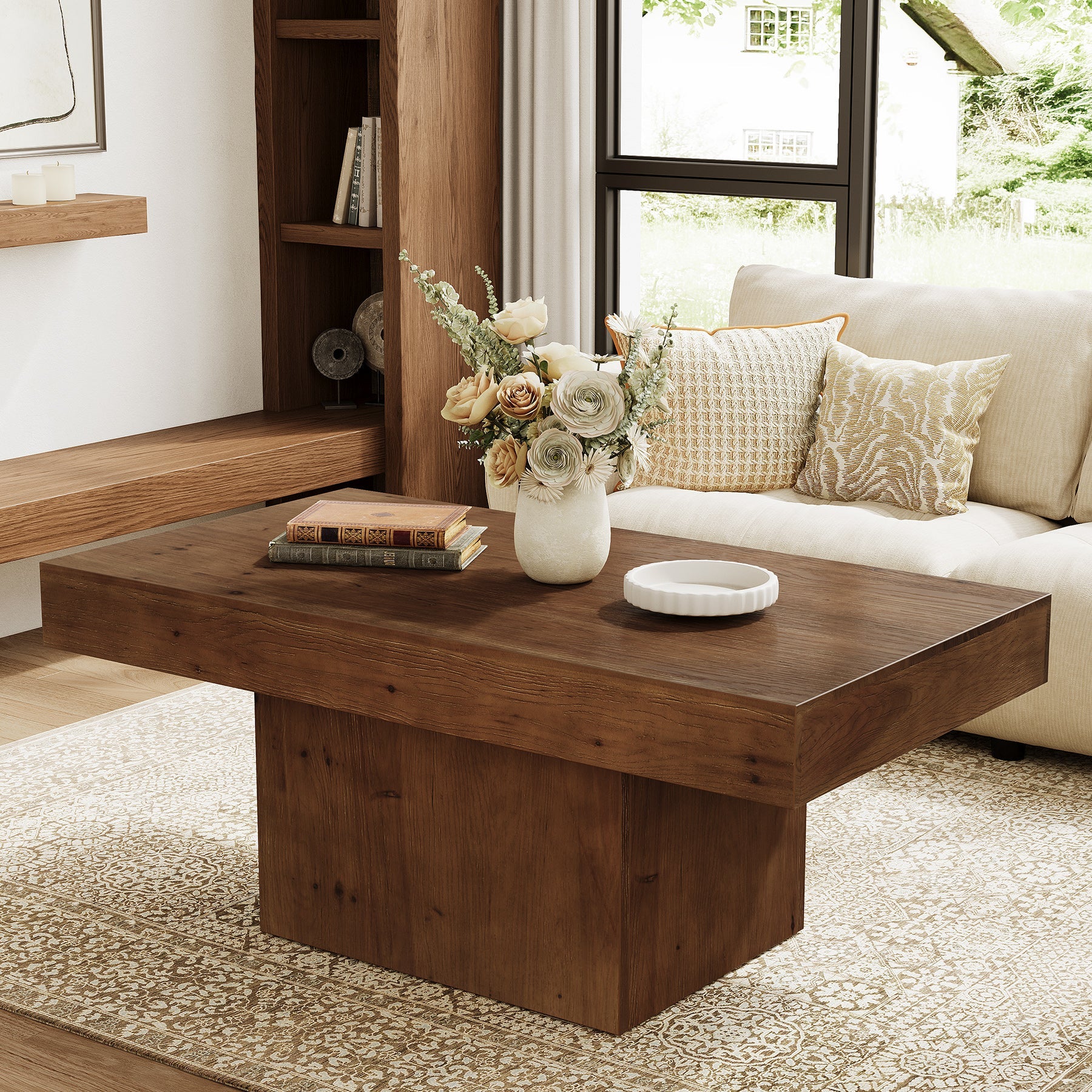 47.24" Solid Wood Coffee Table, Rectangle Center Table with Sturdy Pedestal