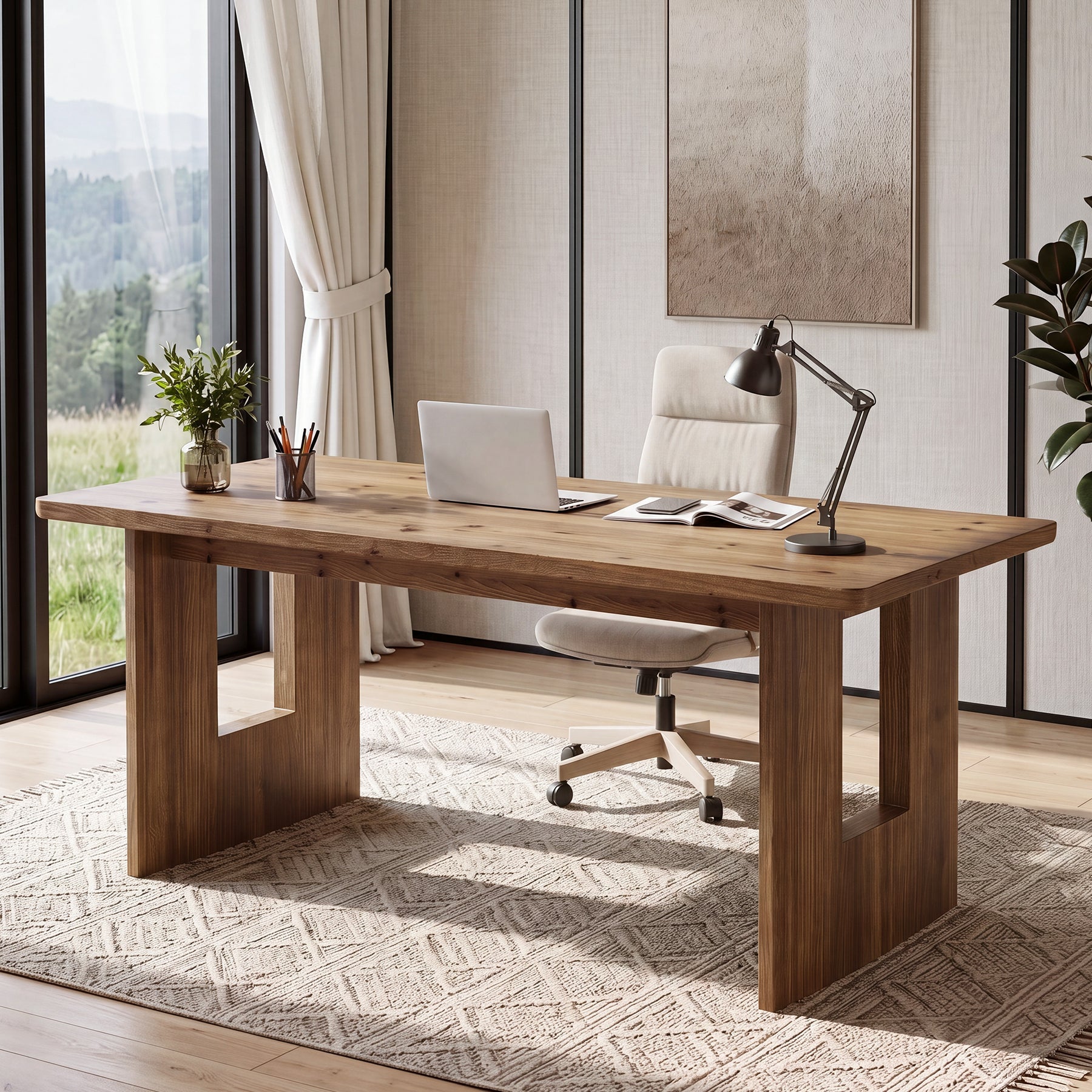 63" Solid Wood Computer Desk, Home Office Executive Desk with Sturdy Frame
