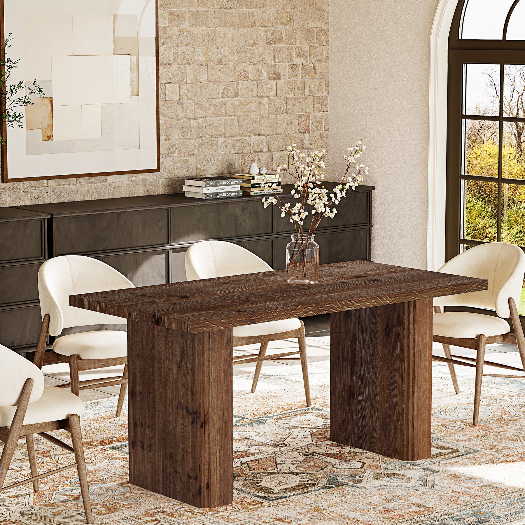 63” Solid Wood Farmhouse Dining Table for 4–6, Rectangular Kitchen Table with Pedestal Base
