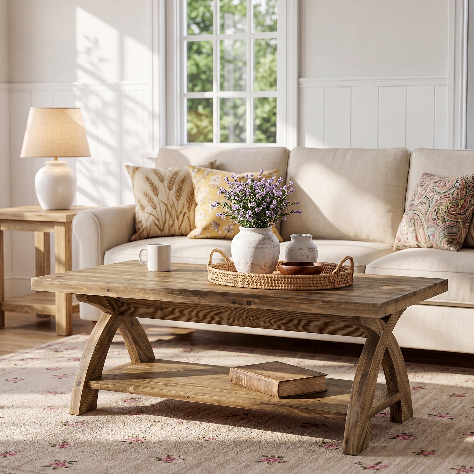 Tribesigns 47.24-Inch Solid Wood Coffee Table, X-Leg Center Table for Living Room