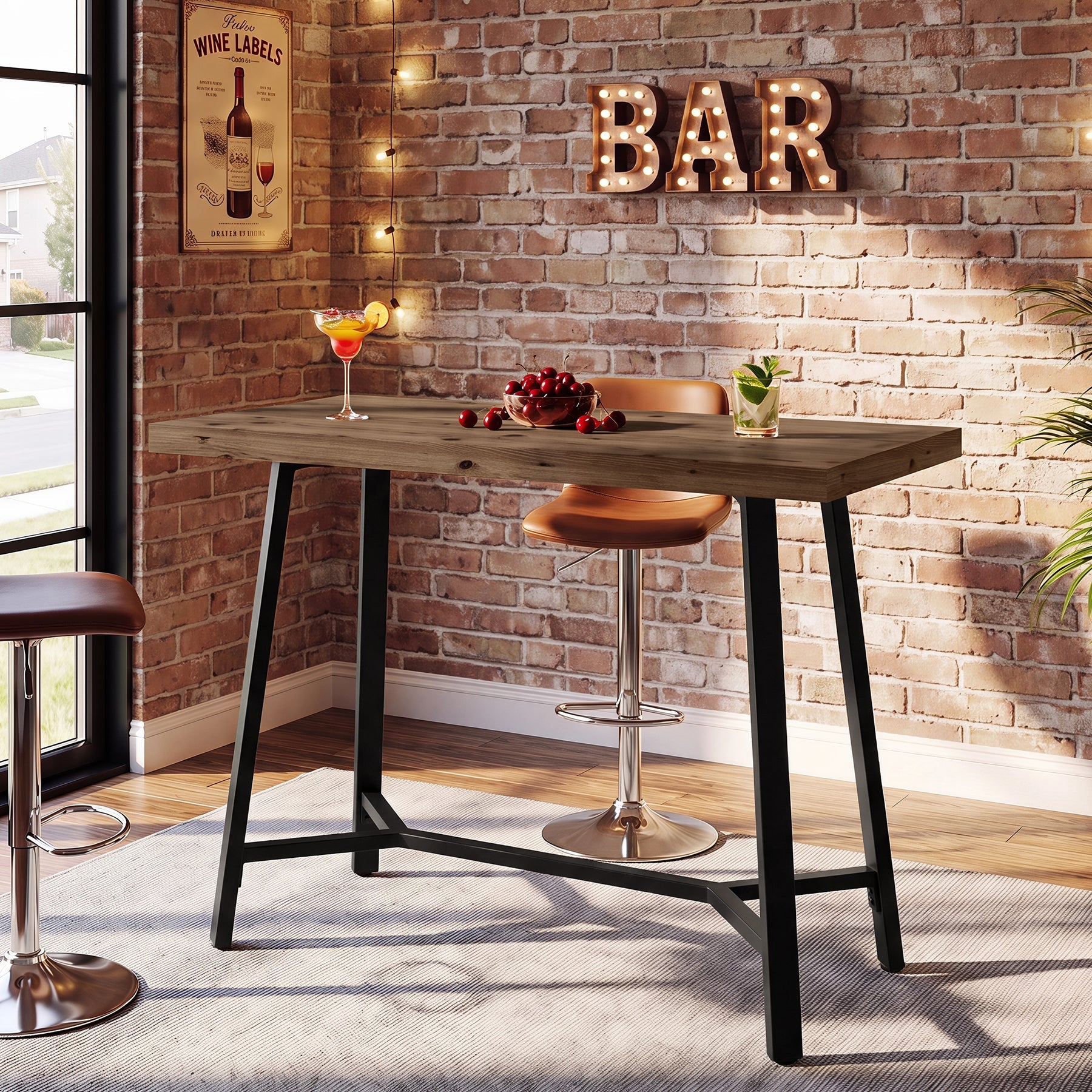 41.3" Solid Wood Bar Table, Counter Height Pub Table with Metal Base for Kitchen