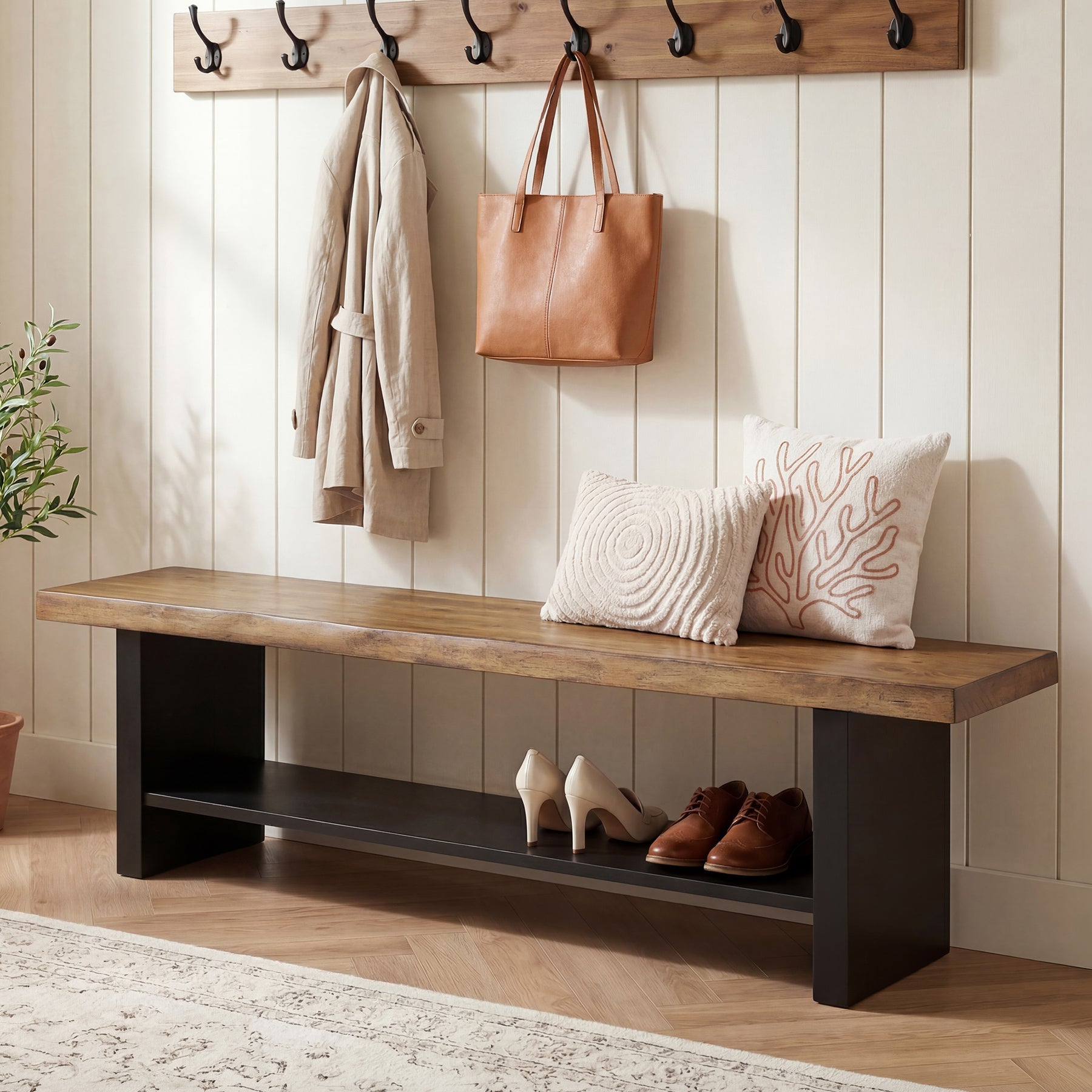 55" Solid Wood Entryway Bench, 2-Tier Farmhouse Bench with Shoe Storage