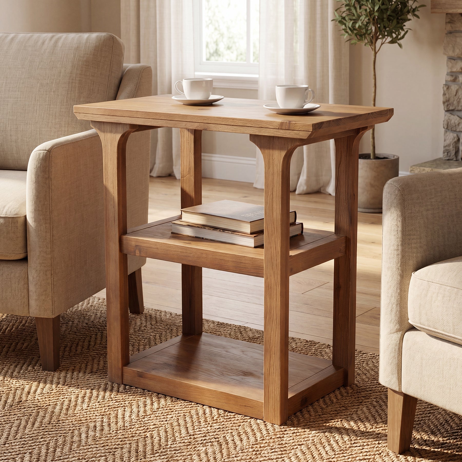 23.62" Solid Wood End Table, Farmhouse Side Table with 3-Tier Shelf for Living Room