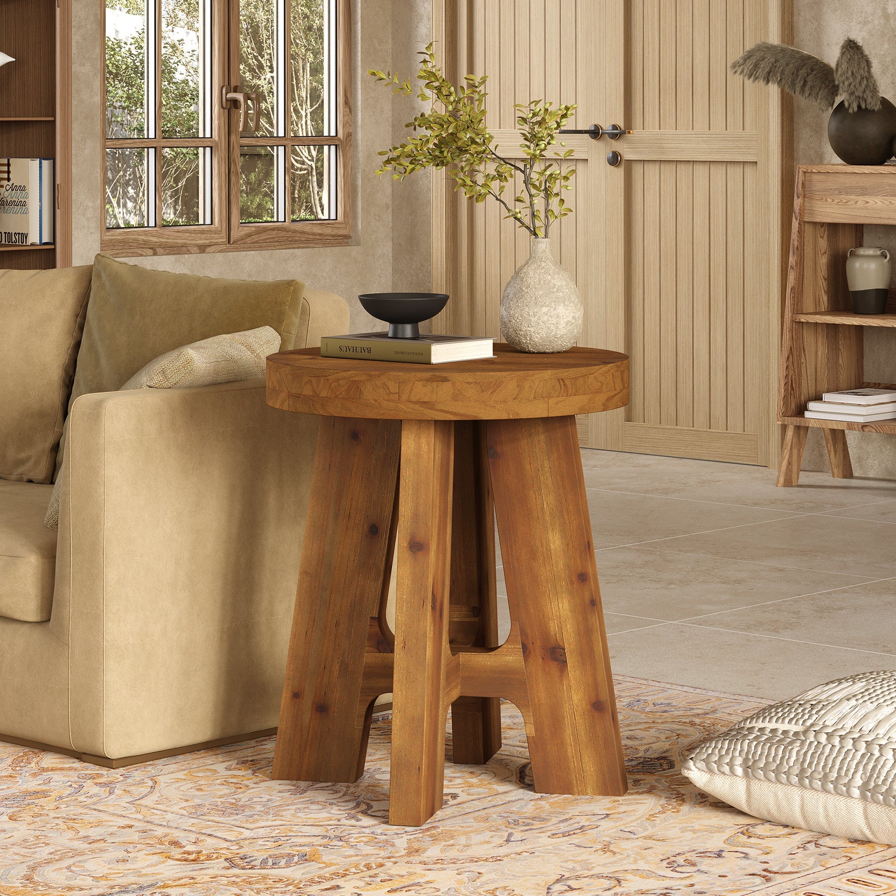 Solid Wood End Table, Round Side Table with Heavy-Duty Legs for Couch