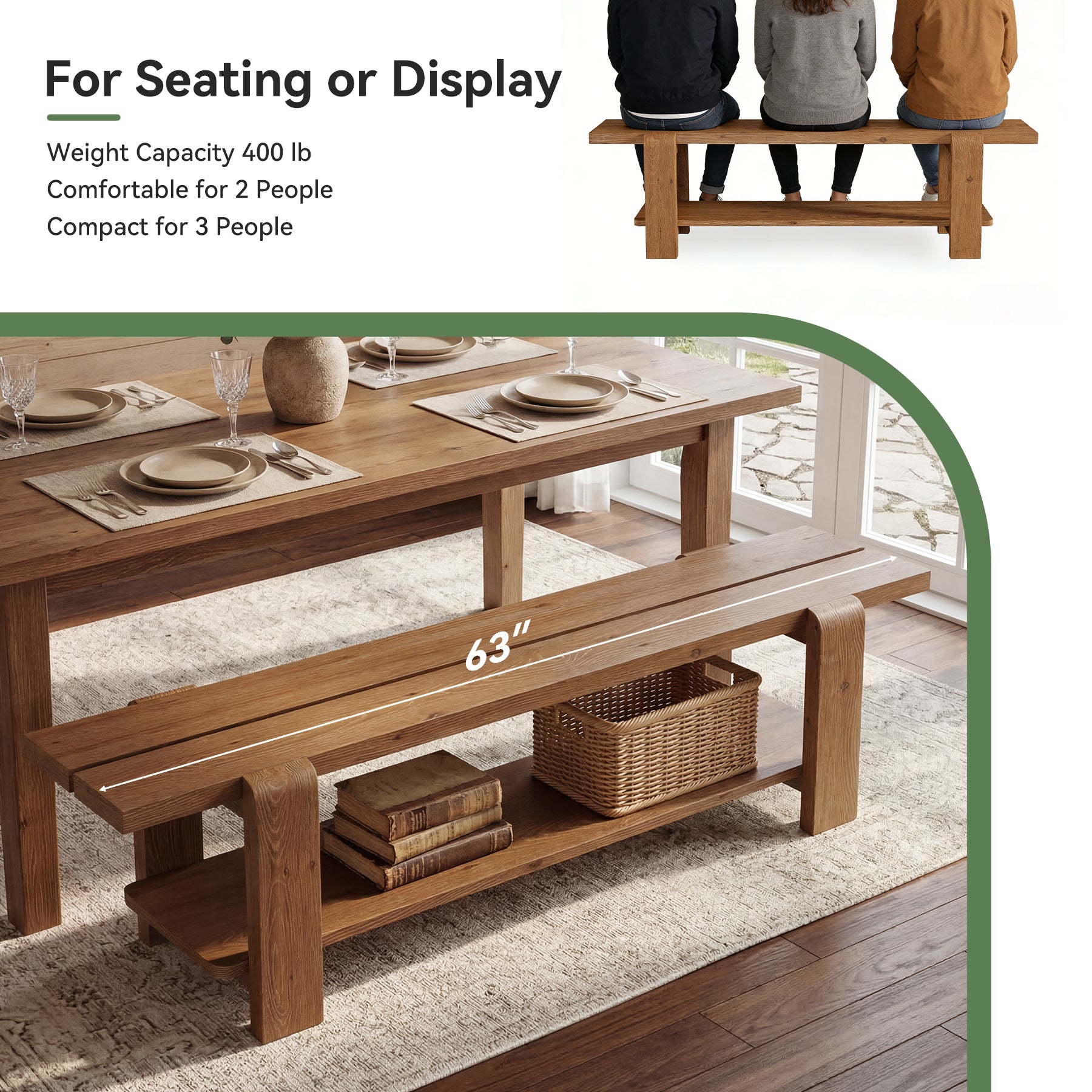 63" Solid Wood Dining Bench, Rustic Kitchen Bench with Storage Shelf