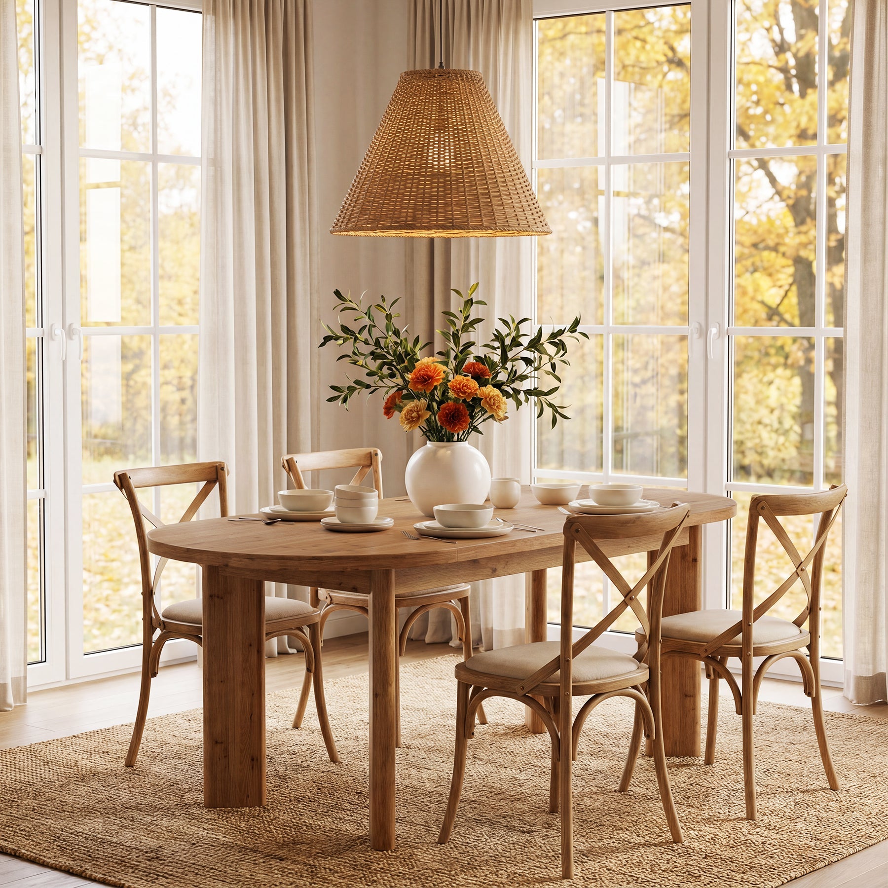 63" Oval Dining Table, Farmhouse Solid Wood Kitchen Table with Chunky Legs for 4-6 People