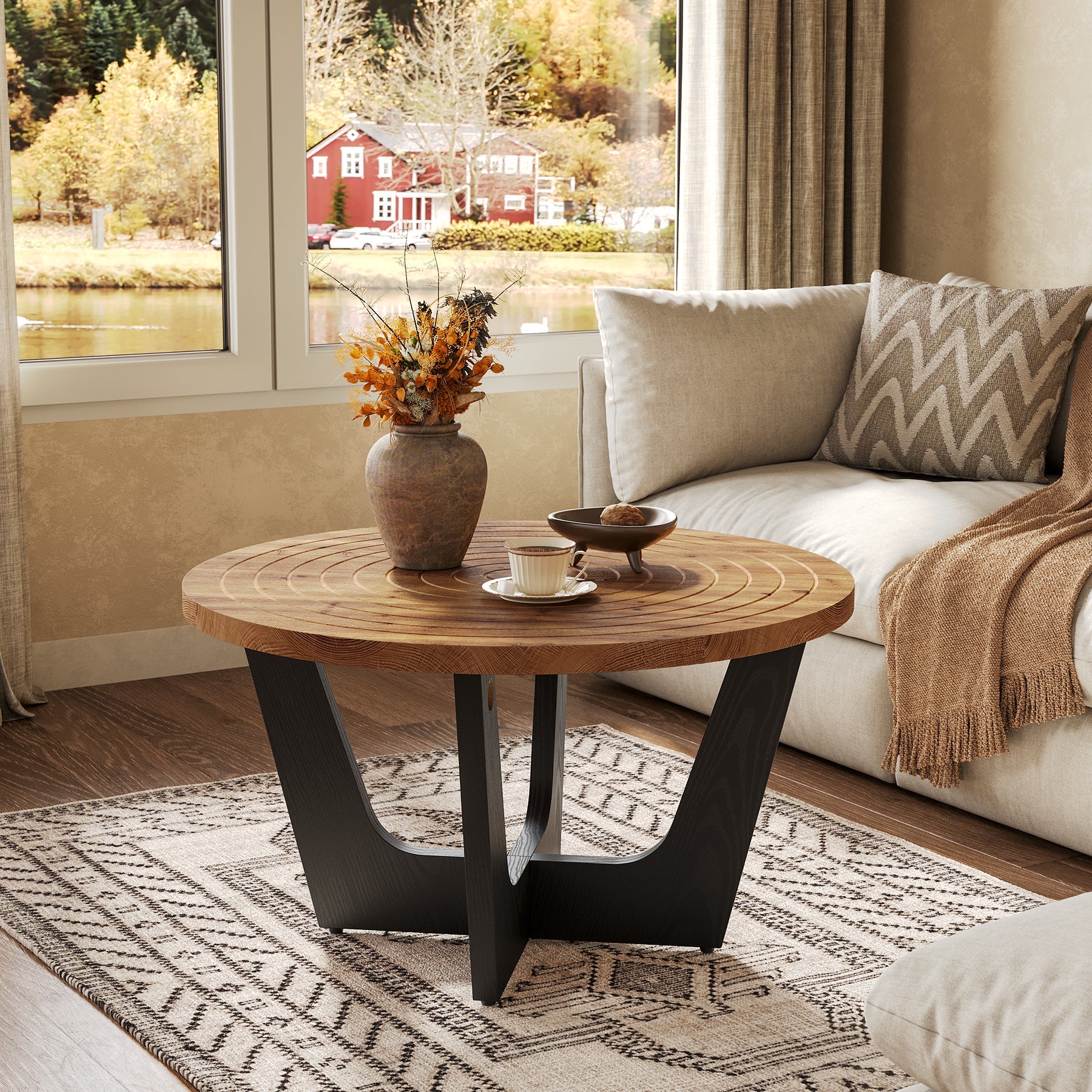 Round Solid Wood Coffee Table, 31.5" Center Tea Table with Ring Groove