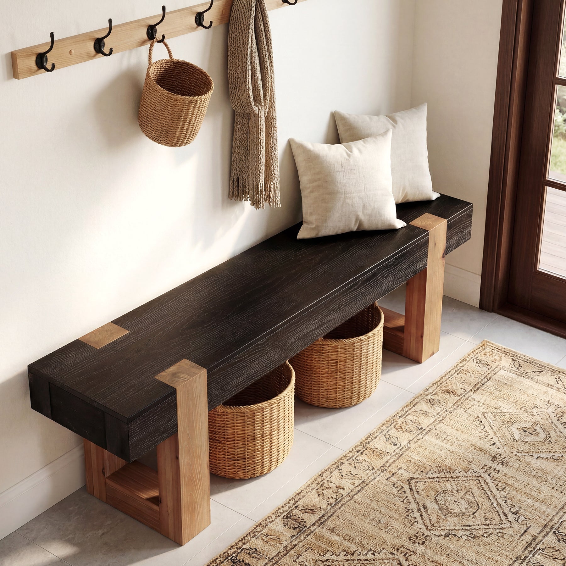 55" Solid Wood Dining Bench, Farmhouse Wooden Entryway Bench