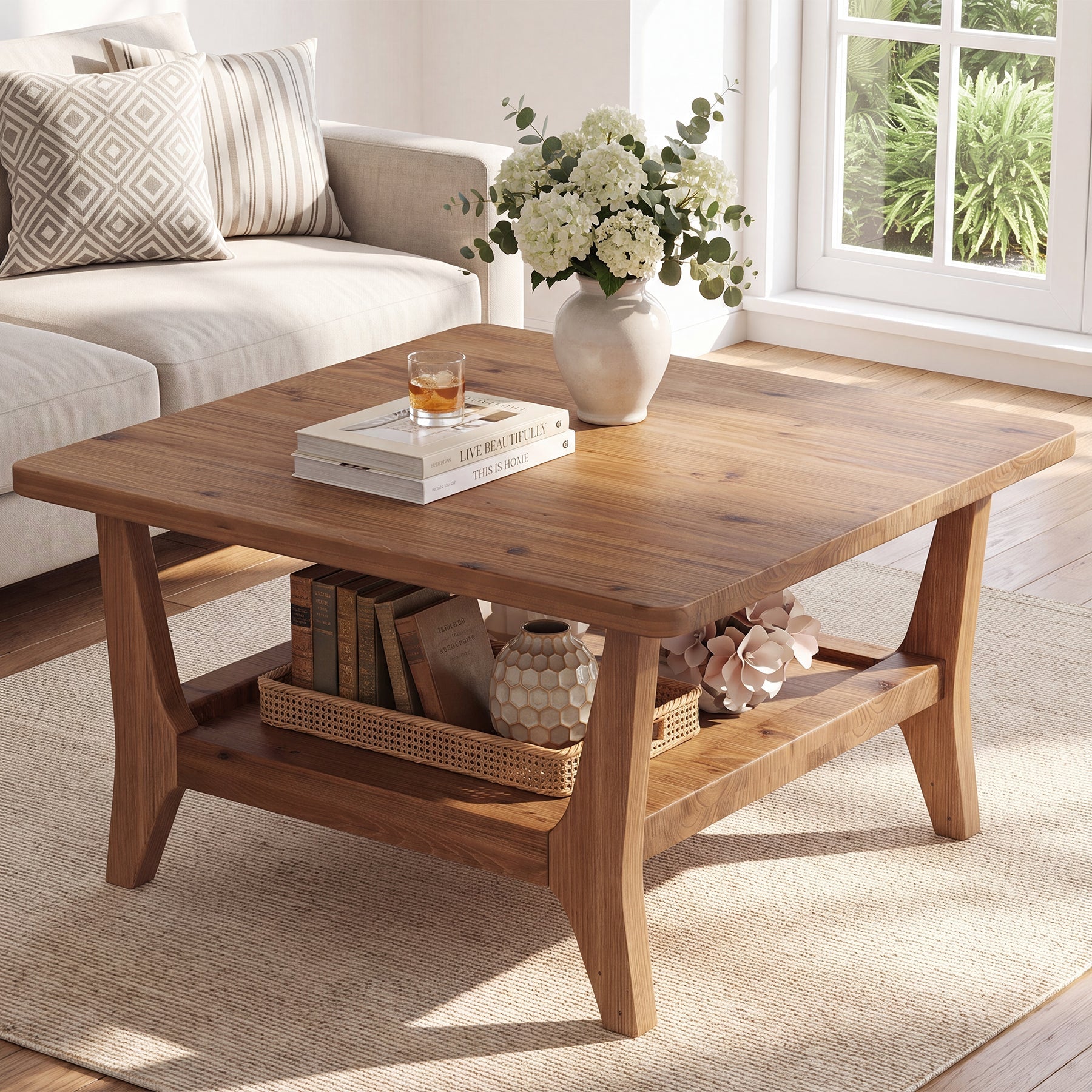 Solid Wood Coffee Table, 31.5" Square Center Table with 2-Tier Storage