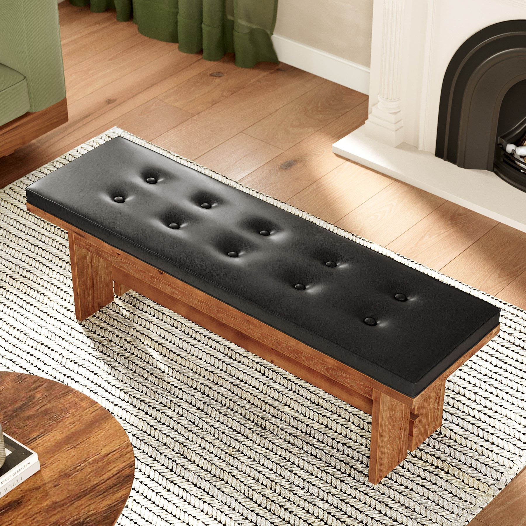 Solid Wood Shoe Bench with Cushion, 55" Upholstered Entryway Bench - Thumbnail 3