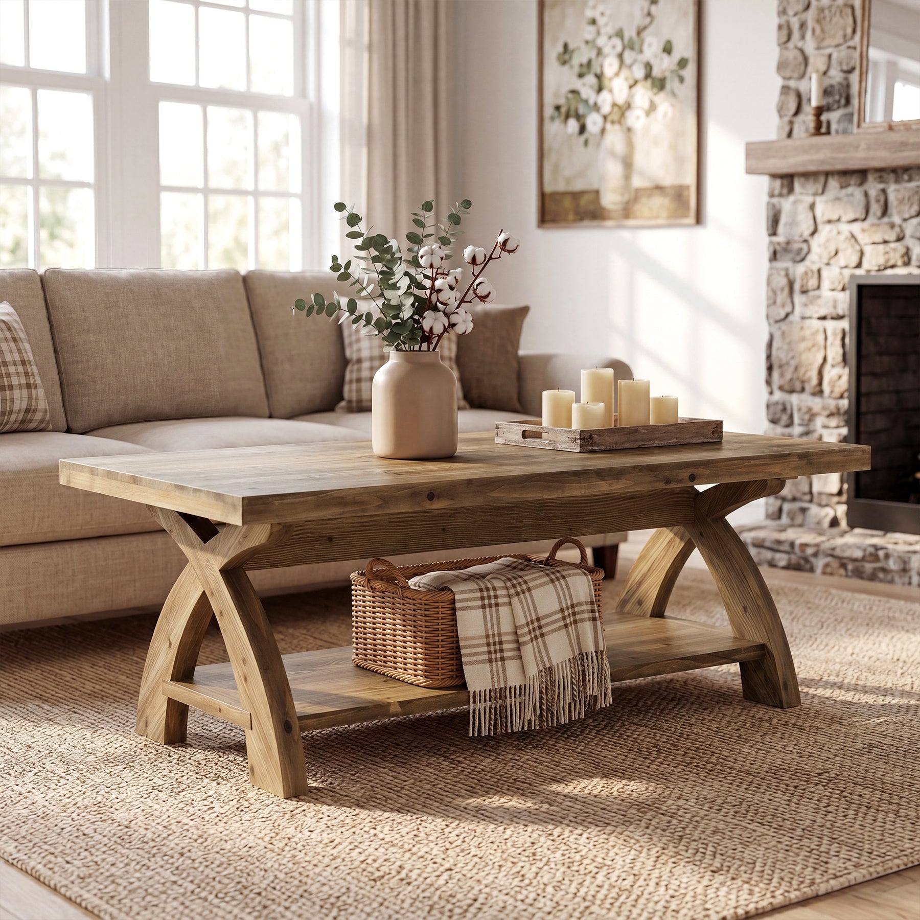 Tribesigns 47.24-Inch Solid Wood Coffee Table, X-Leg Center Table for Living Room