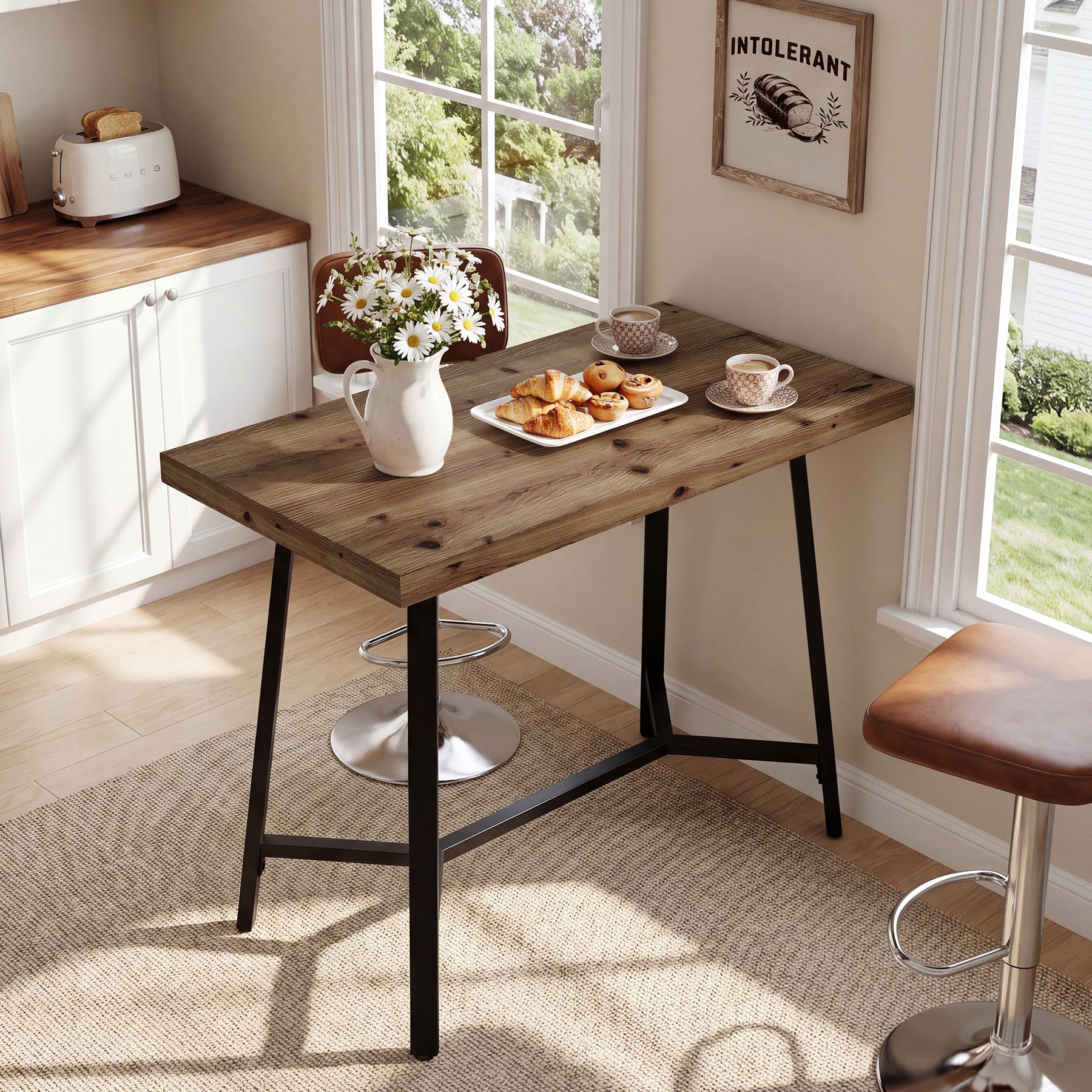41.3" Solid Wood Bar Table, Counter Height Pub Table with Metal Base for Kitchen