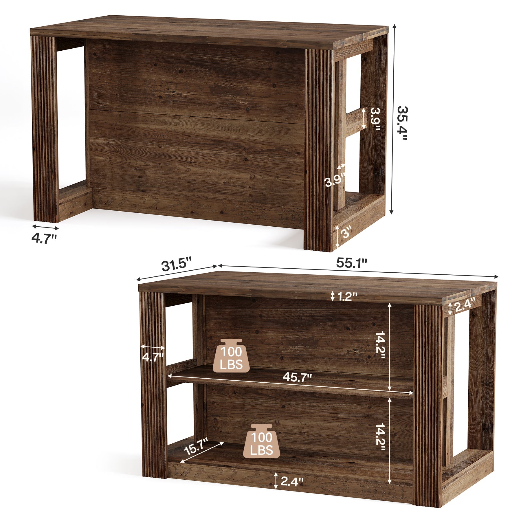 55" Home Bar Table, Solid Wood Counter Height Pub Table for Dining Room