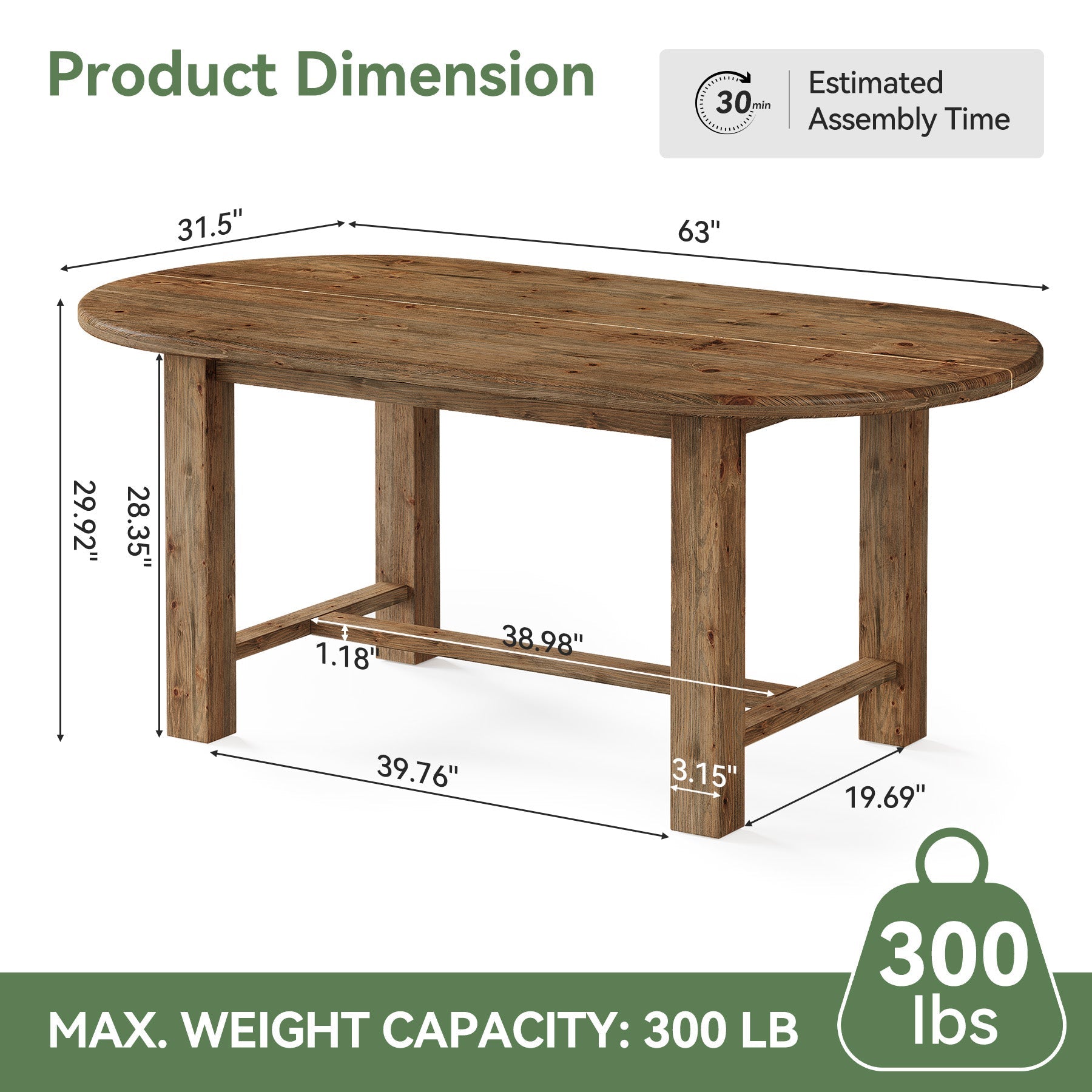 Solid Wood Executive Desk, 63" Oval Computer Table Office Desk with Crossbar for Home Office