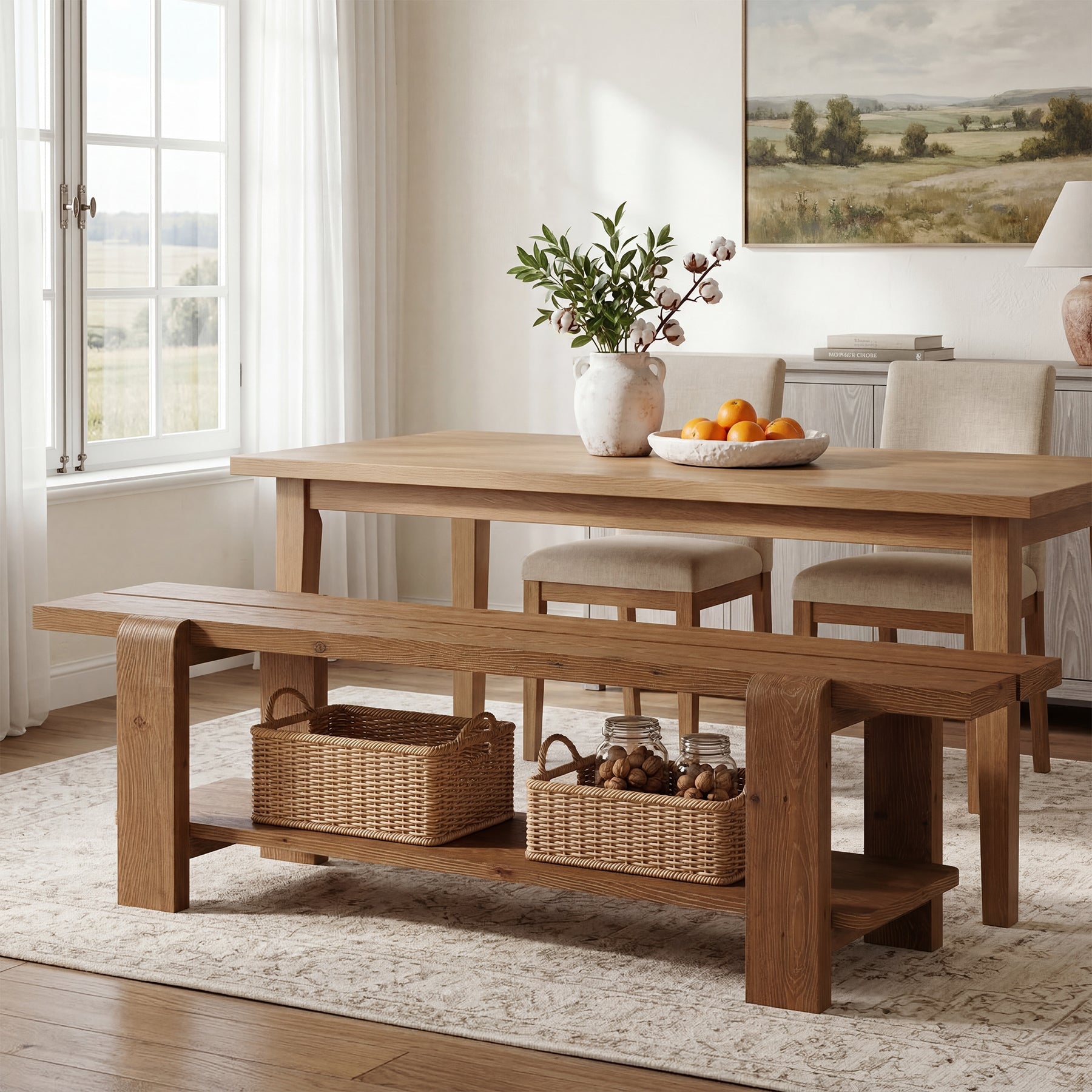 63" Solid Wood Dining Bench, Rustic Kitchen Bench with Storage Shelf