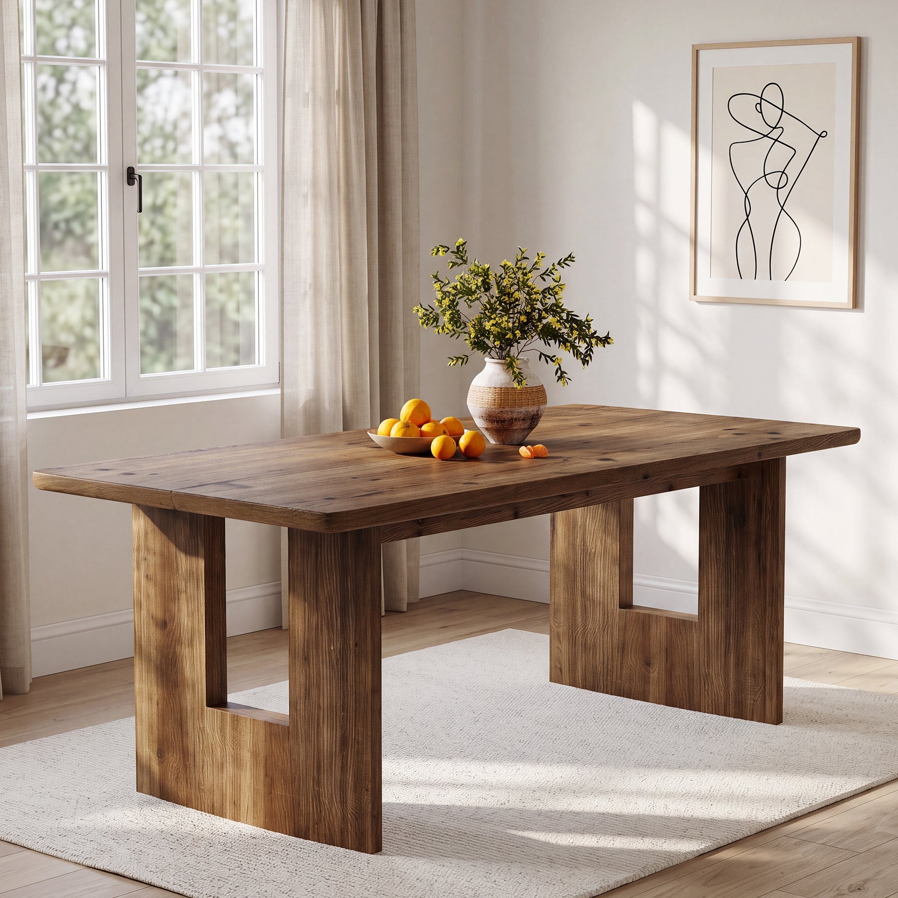 Farmhouse Dining Table, 63" Solid Wood Rectangle Kitchen Table for 4-6