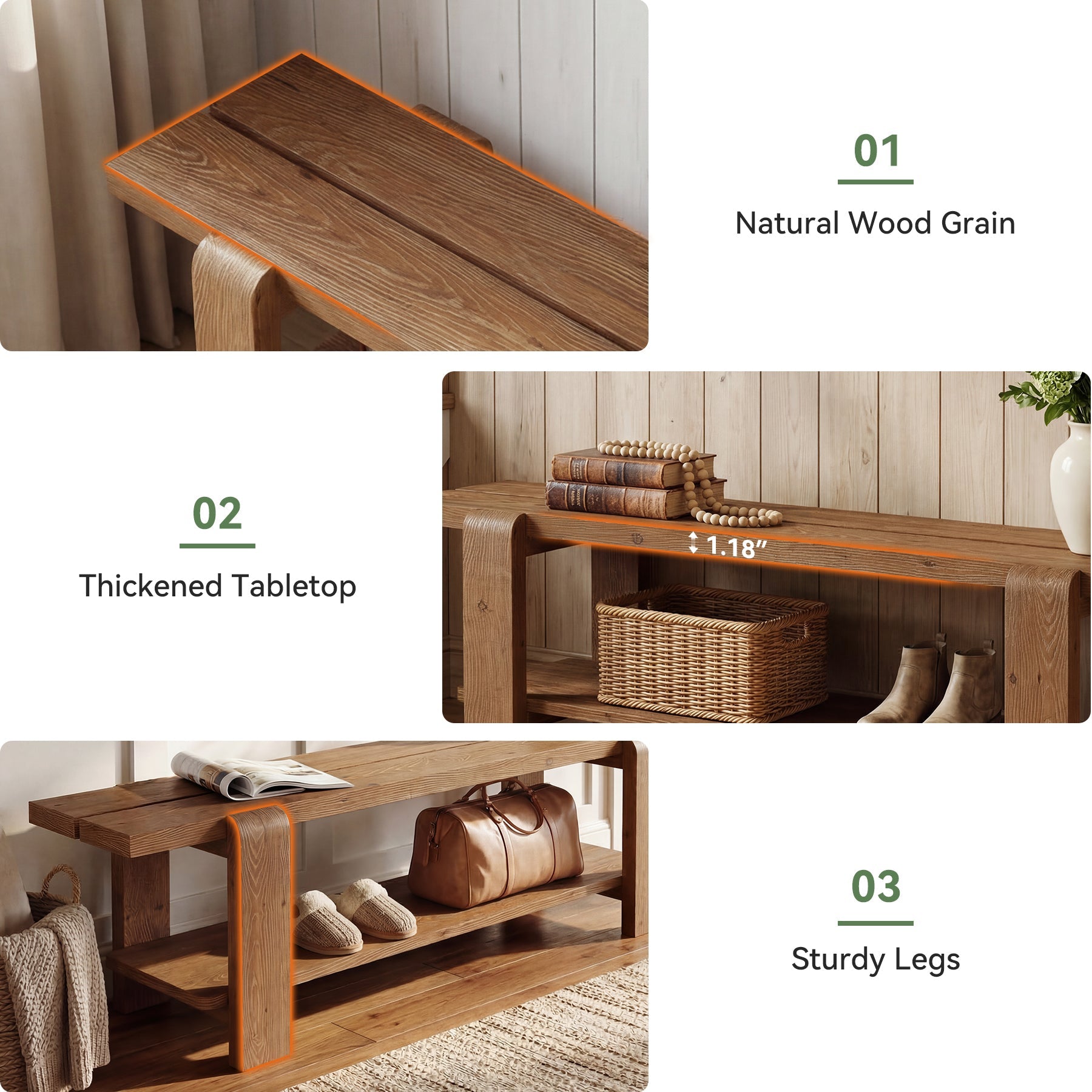 Solid Wood Entryway Bench, 63" End of Bed Bench with Shoe Storage Shelf