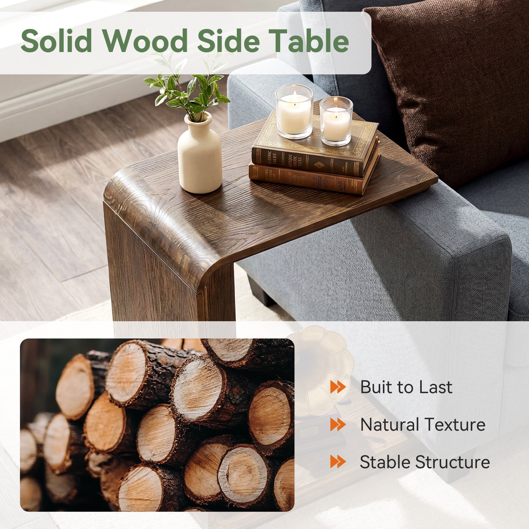 C-Shaped Solid Wood End Table for Sofa Side, Narrow Side Table for Living Room and Bedroom