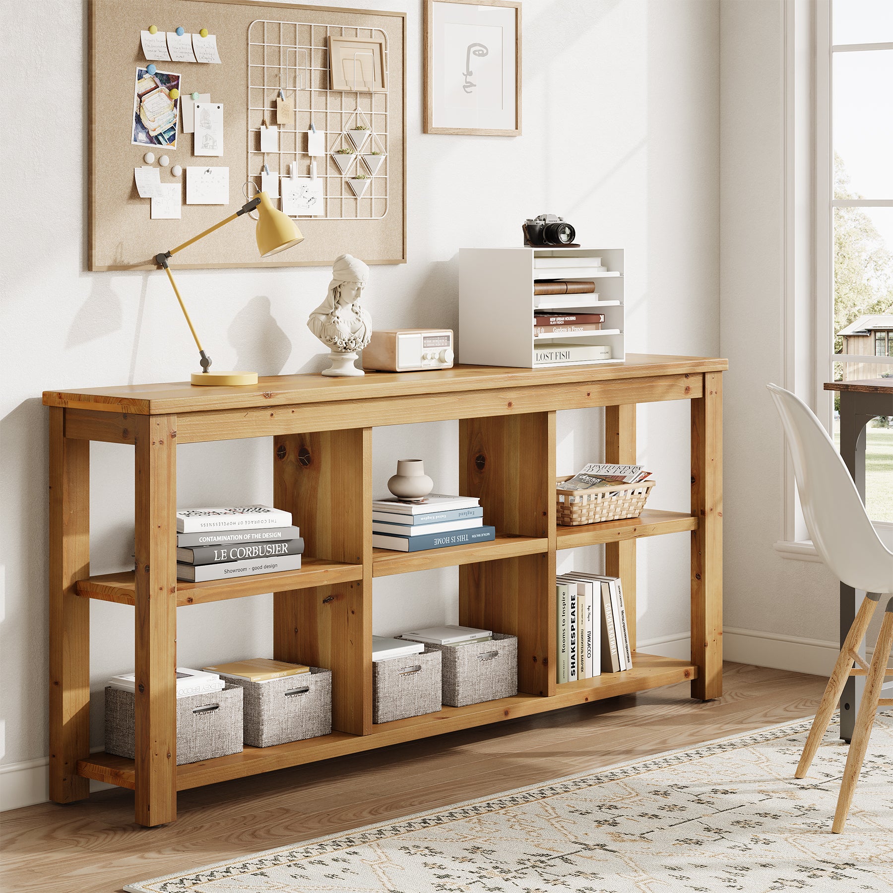 63" Console Table, 3-Tier Solid Wood Sofa Table with 6 Storage Cubes