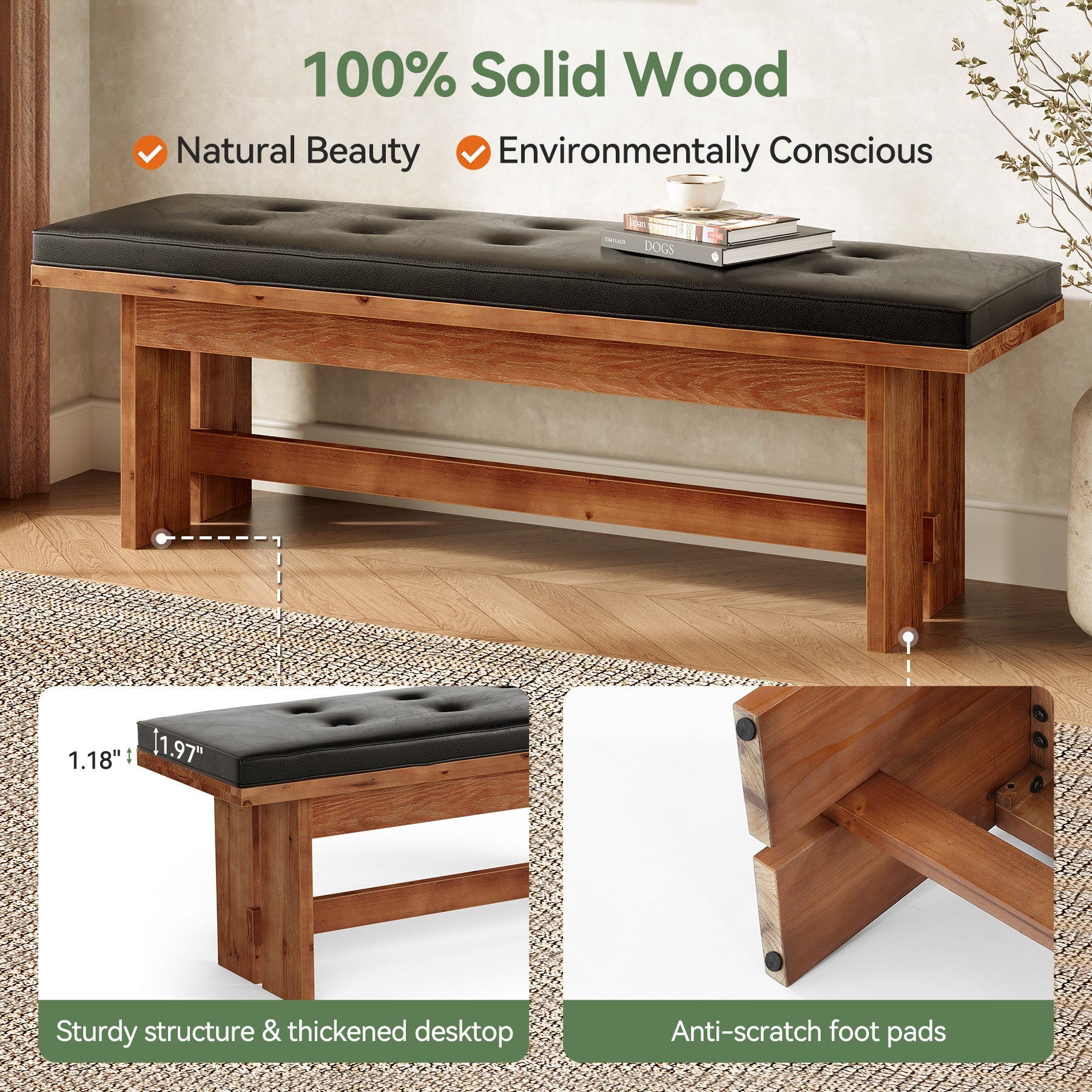 Solid Wood Shoe Bench with Cushion, 55" Upholstered Entryway Bench