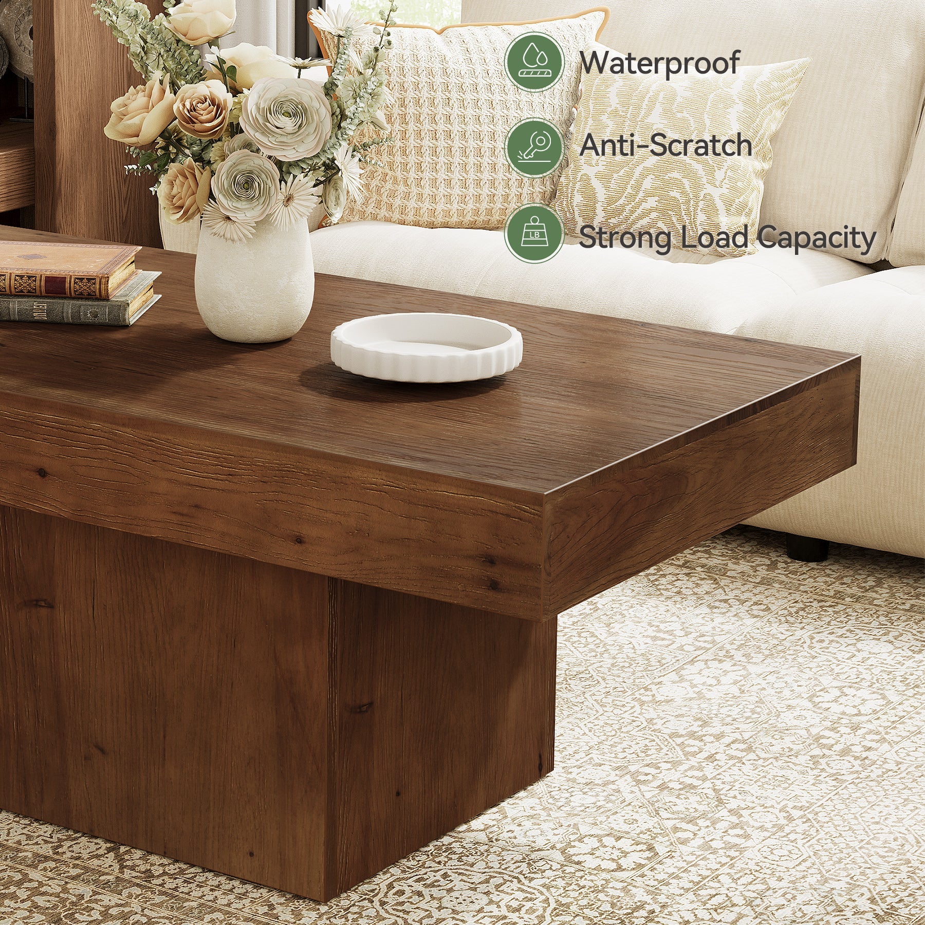 47.24" Solid Wood Coffee Table, Rectangle Center Table with Sturdy Pedestal