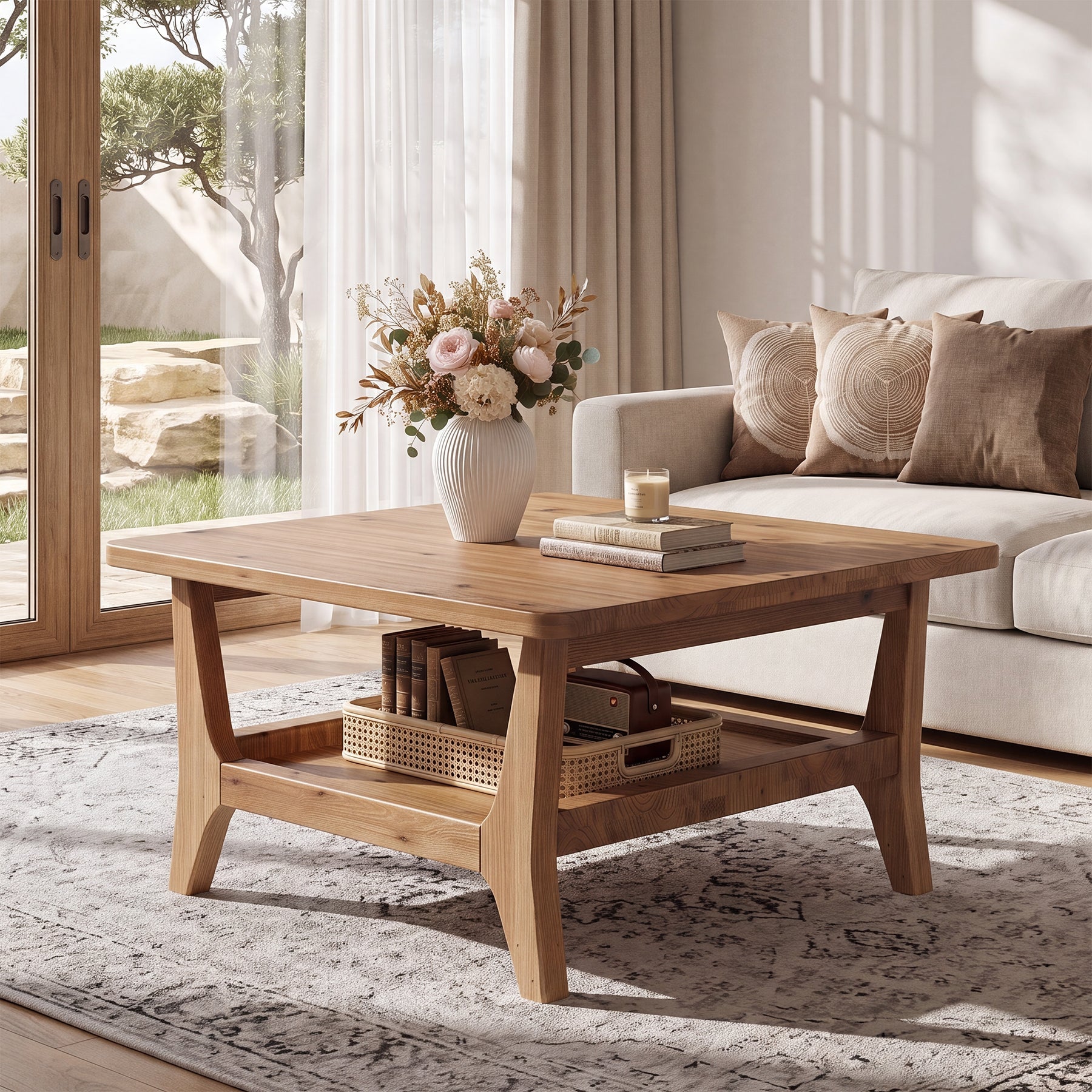Solid Wood Coffee Table, 31.5" Square Center Table with 2-Tier Storage