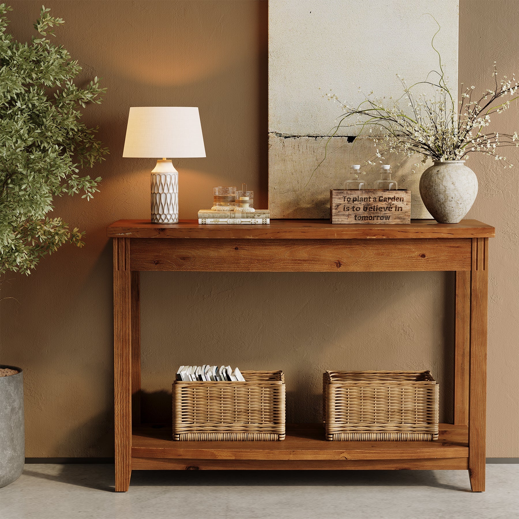 41.3" Solid Wood Console Table, Farmhouse Entryway Table With Storage Shelf