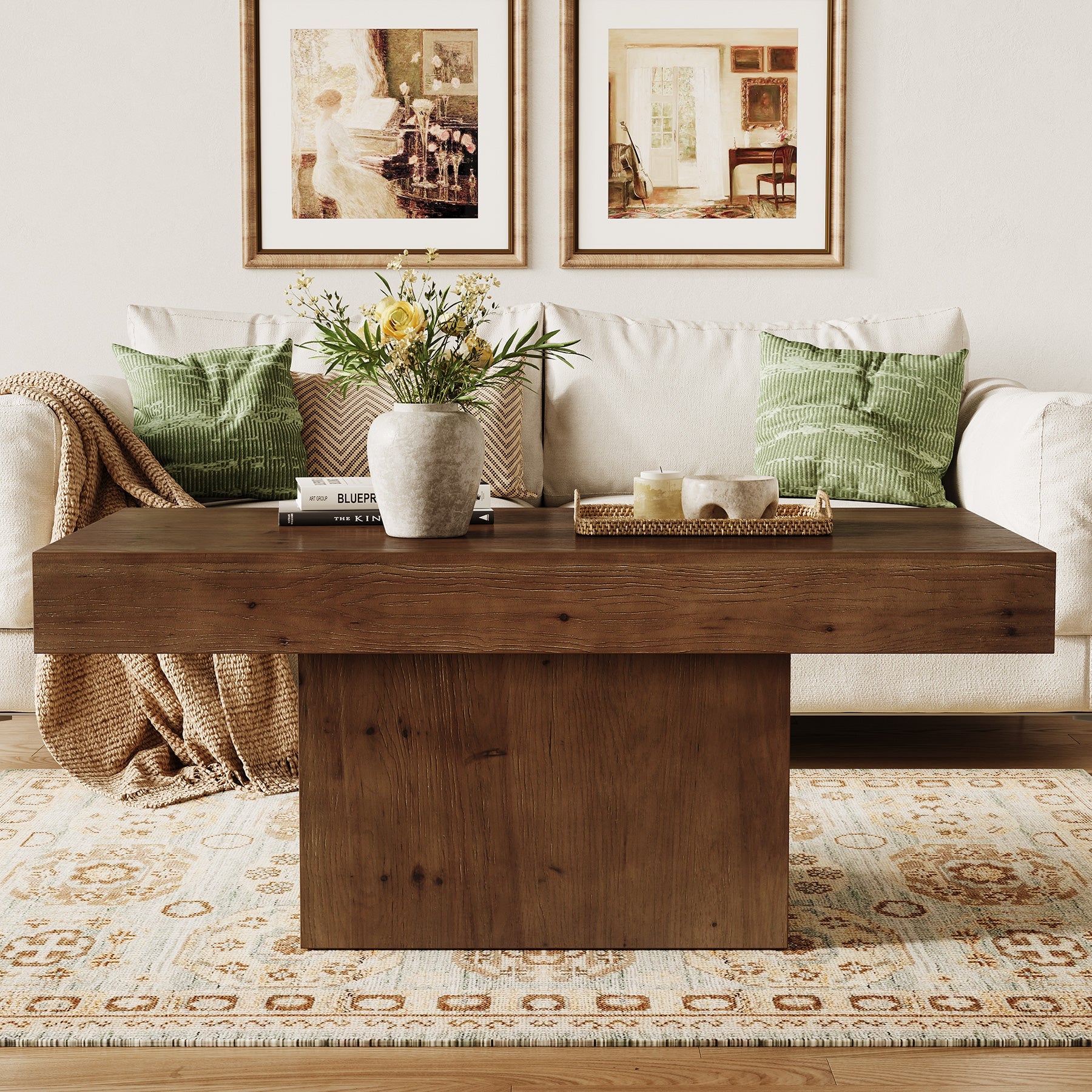 47.24" Solid Wood Coffee Table, Rectangle Center Table with Sturdy Pedestal