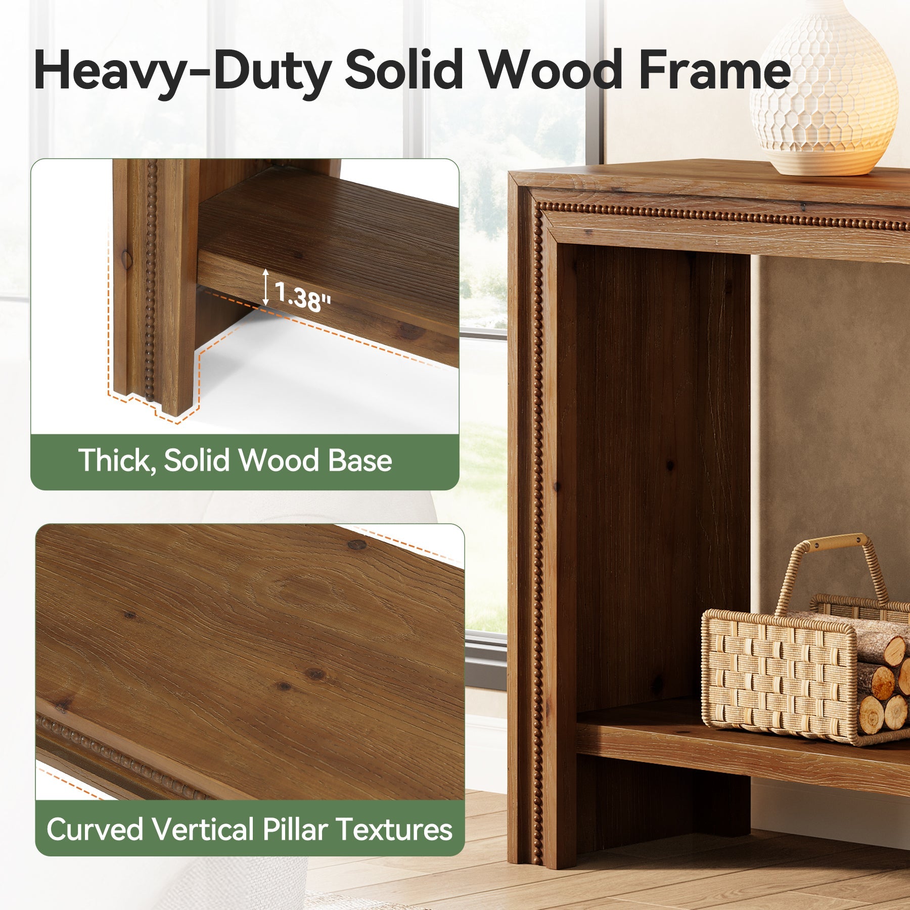 63" Solid Wood Console Table, Narrow Entryway Table with 2-Tier Storage Shelf