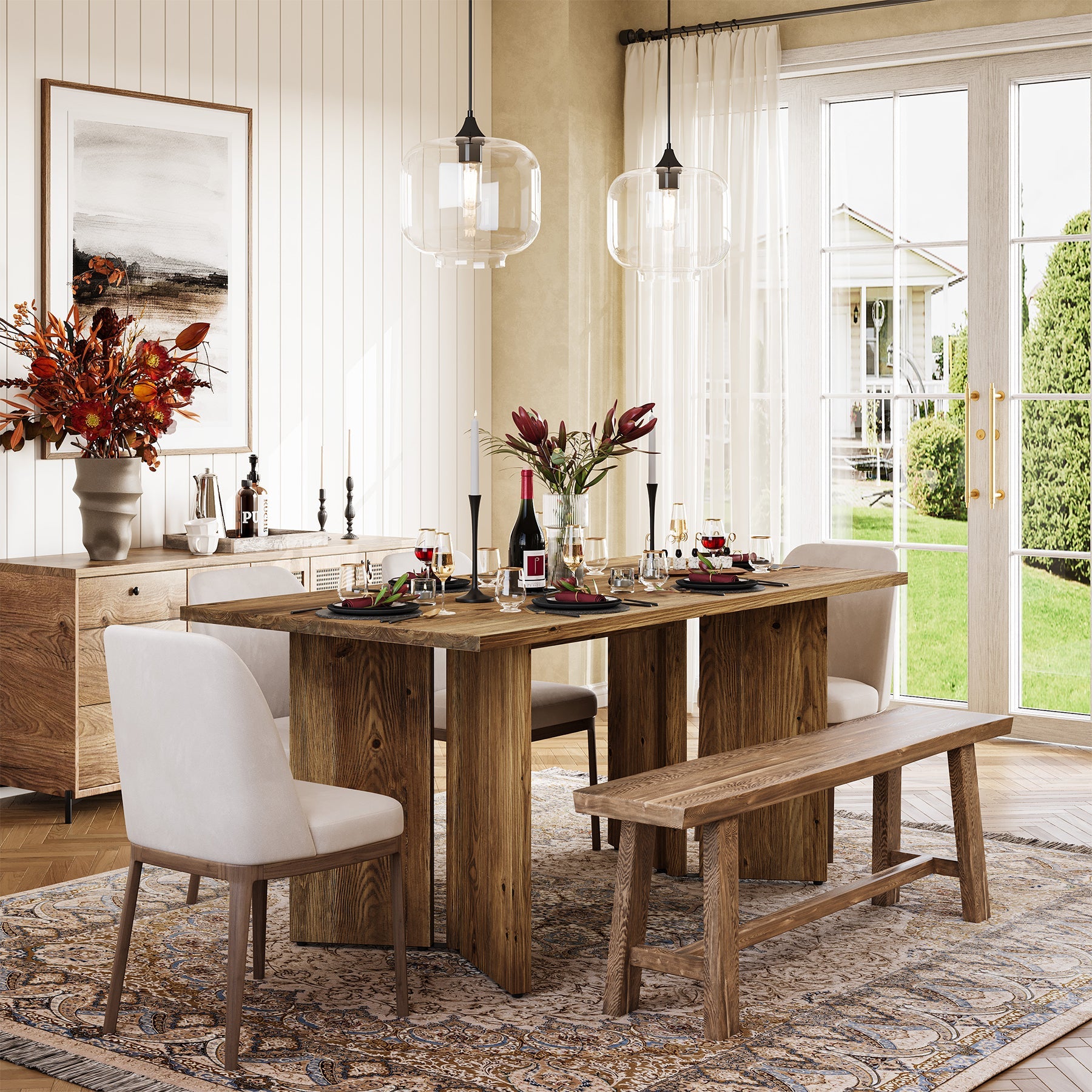 Solid Wood Dining Table, 63" Farmhouse Long Kitchen Table