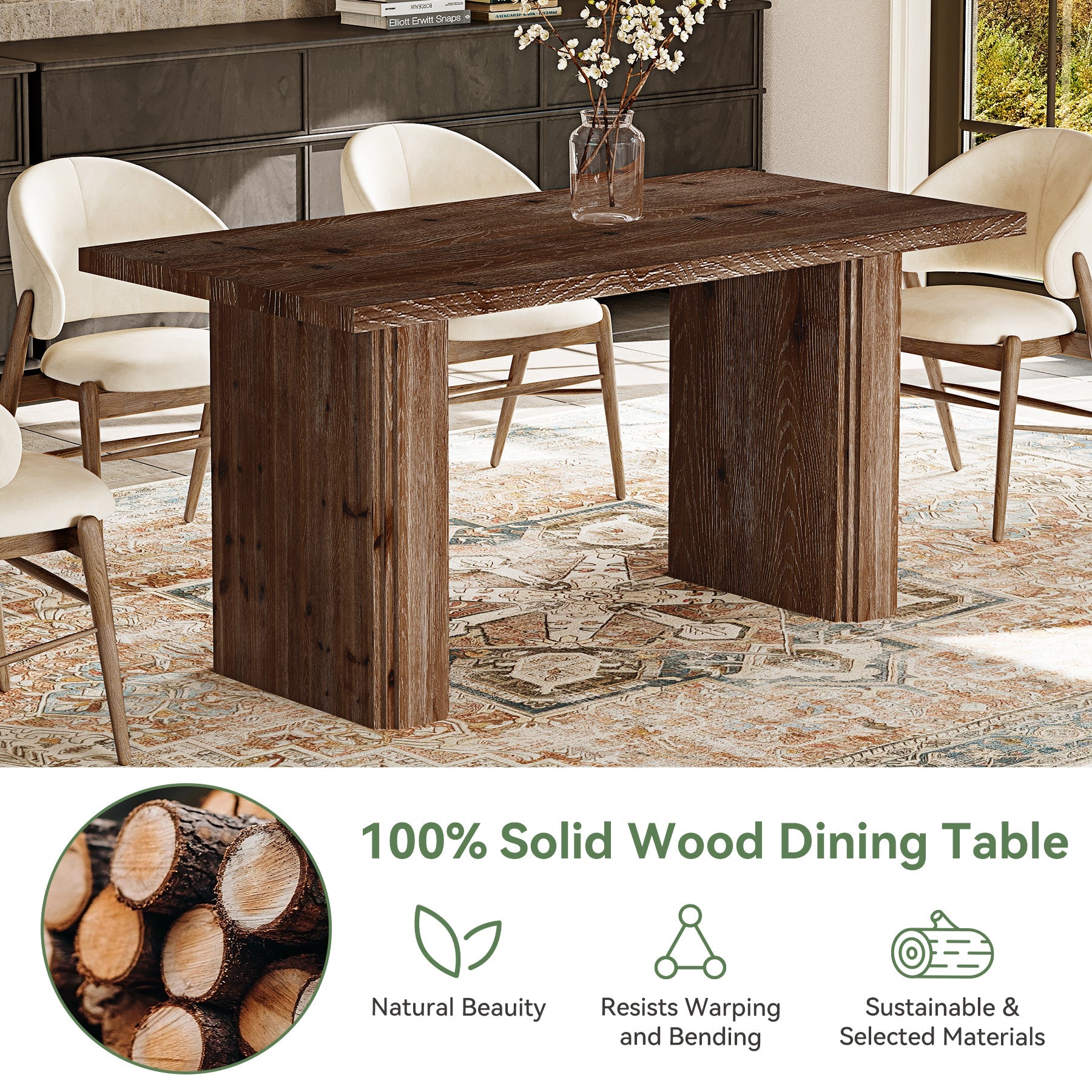 63” Solid Wood Farmhouse Dining Table for 4–6, Rectangular Kitchen Table with Pedestal Base