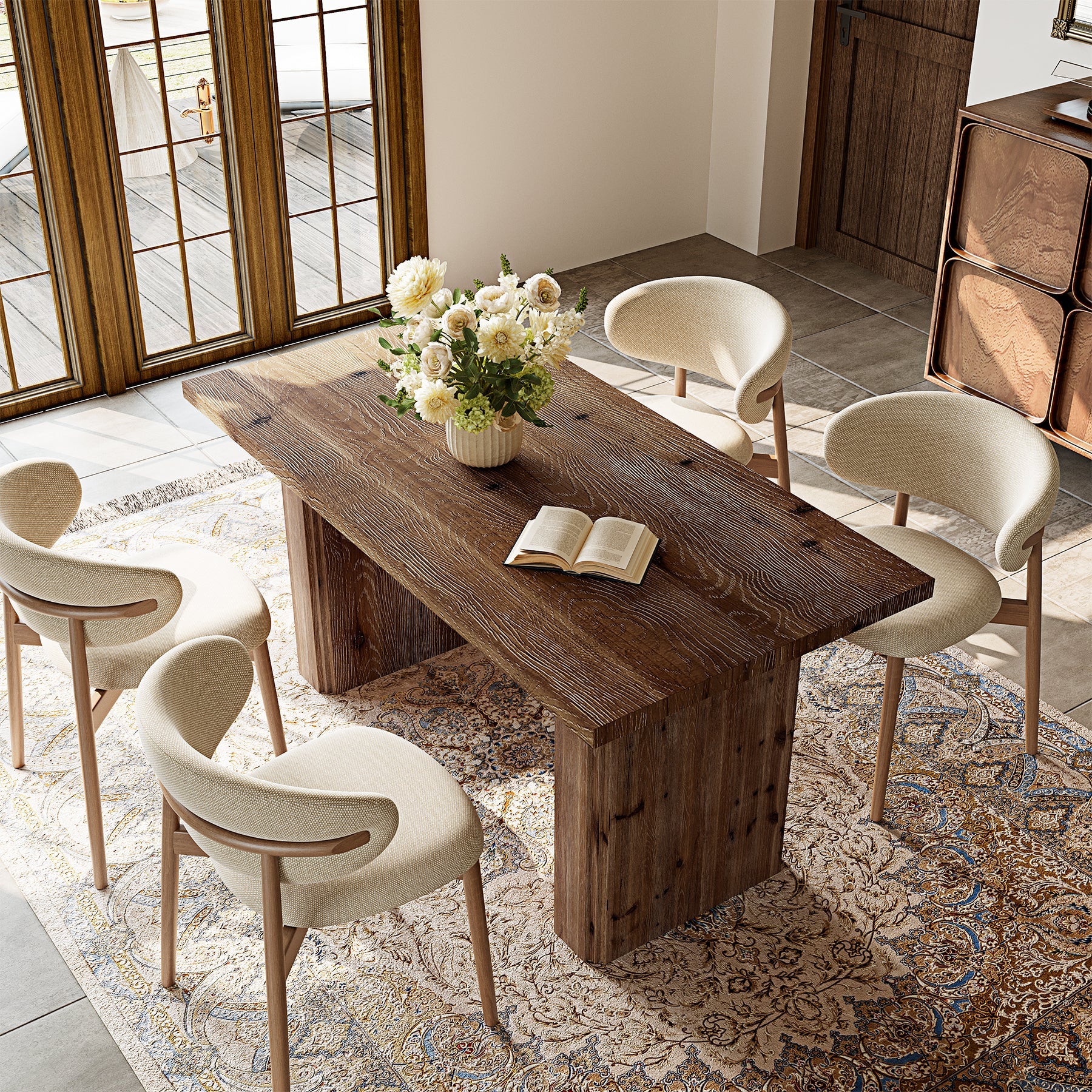 63” Solid Wood Farmhouse Dining Table for 4–6, Rectangular Kitchen Table with Pedestal Base