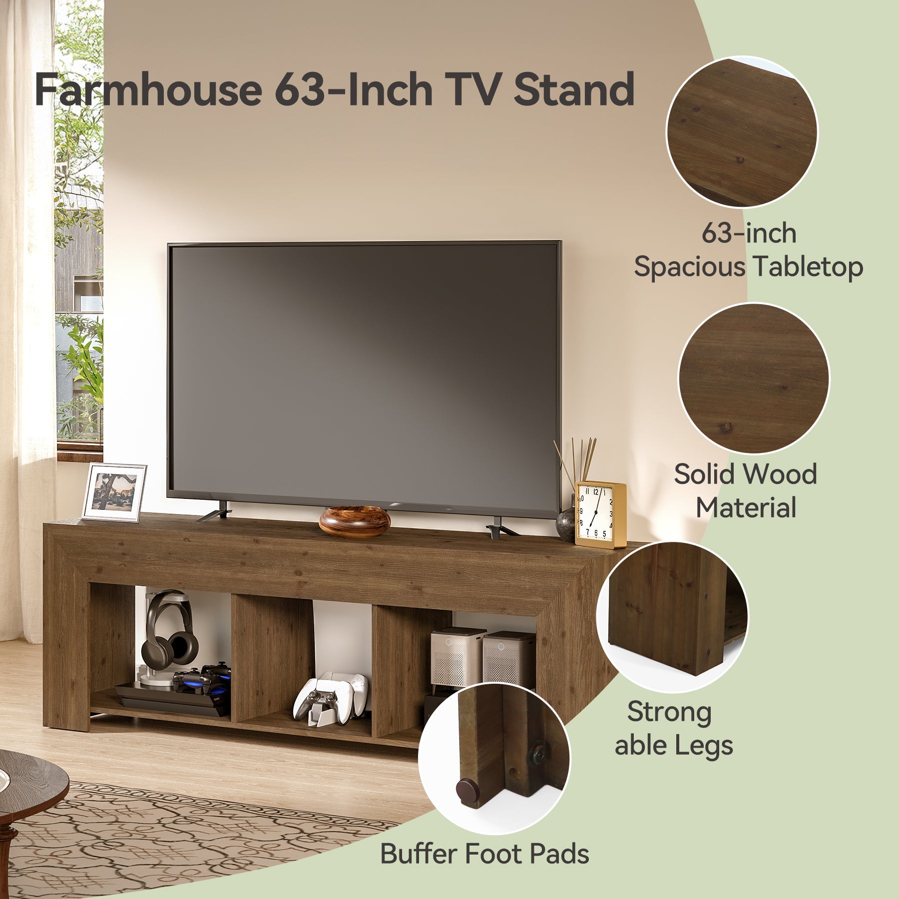 Solid Wood TV Stand, 63" Entertainment Center with Storage for 65" TV