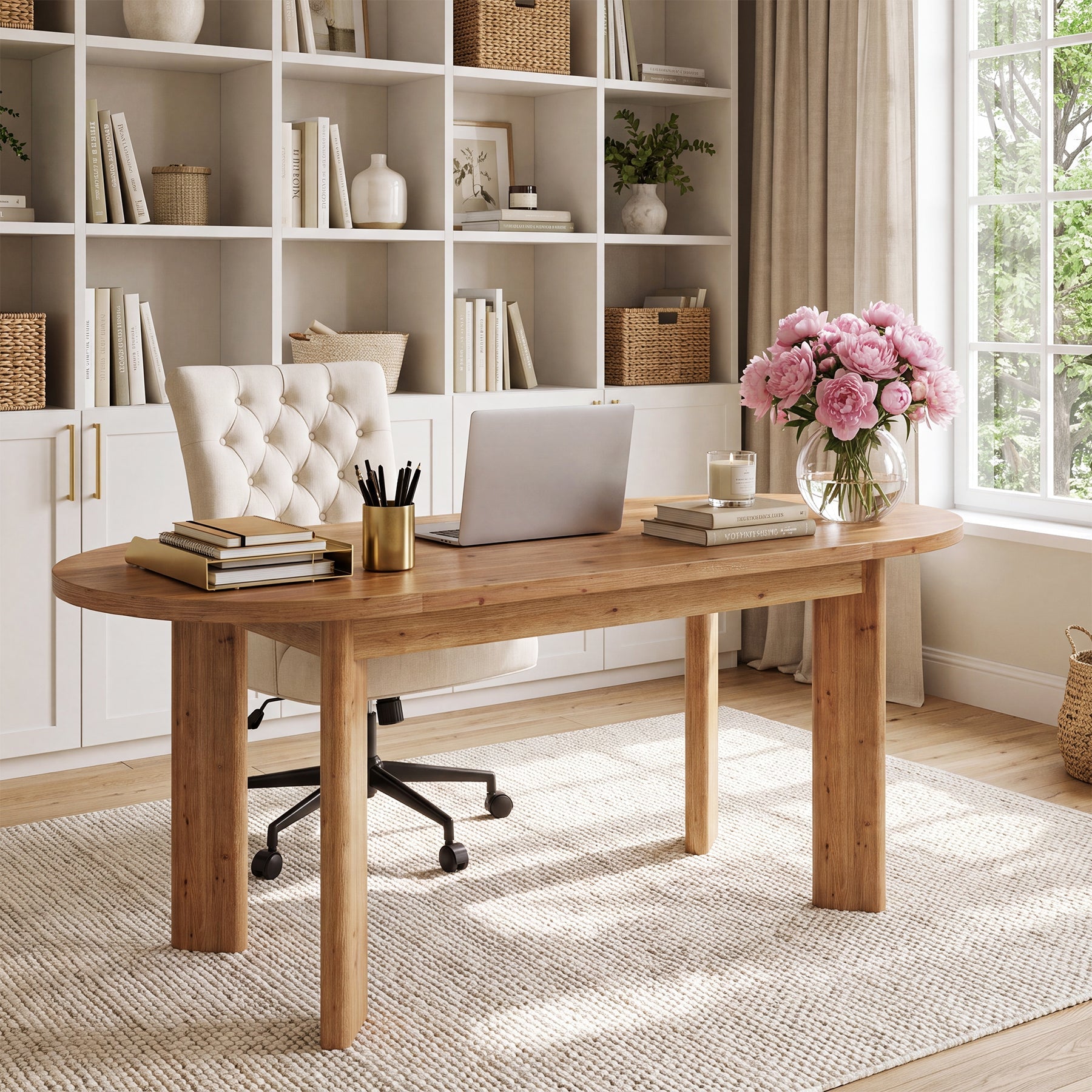 63" Oval Executive Desk, Office Solid Wood Computer Desk with Reinforced Frame