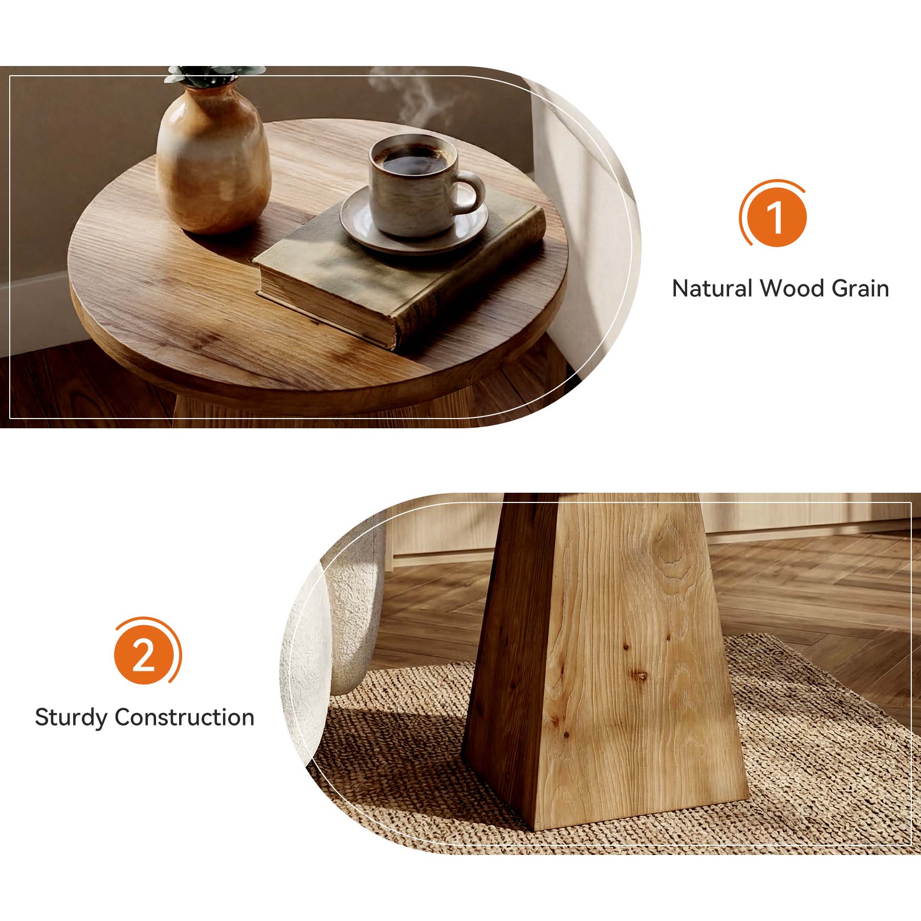 18.9 Inch Solid Wood End Table with Trapezoid Base, Round Side Table for Living Room Small Spaces