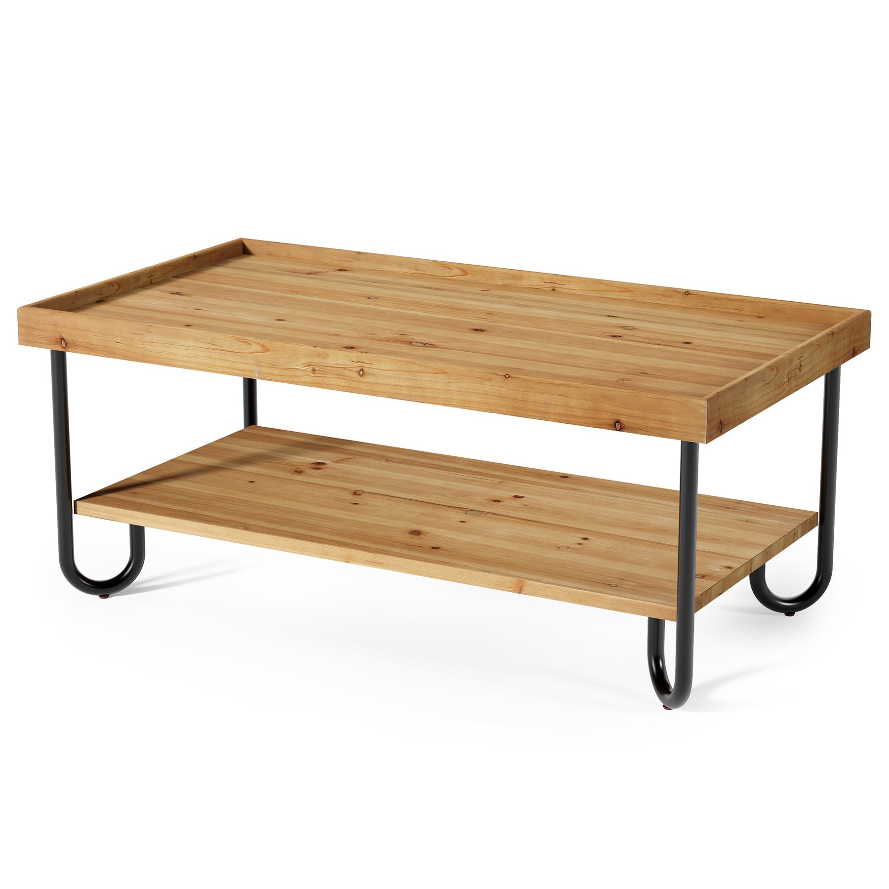 Solid Wood Coffee Table, 2-Tier Rectangular Center Table with Curved Metal Legs