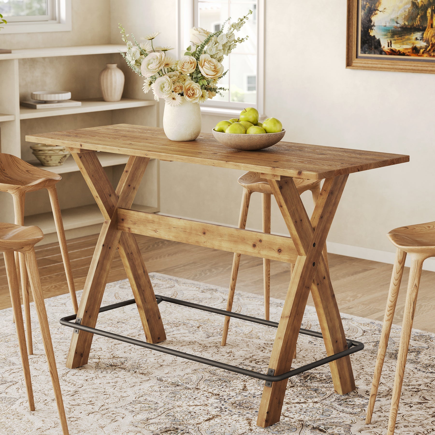 63" Bar Table, Solid Wood Counter Height Coffee Bar Cocktail Table