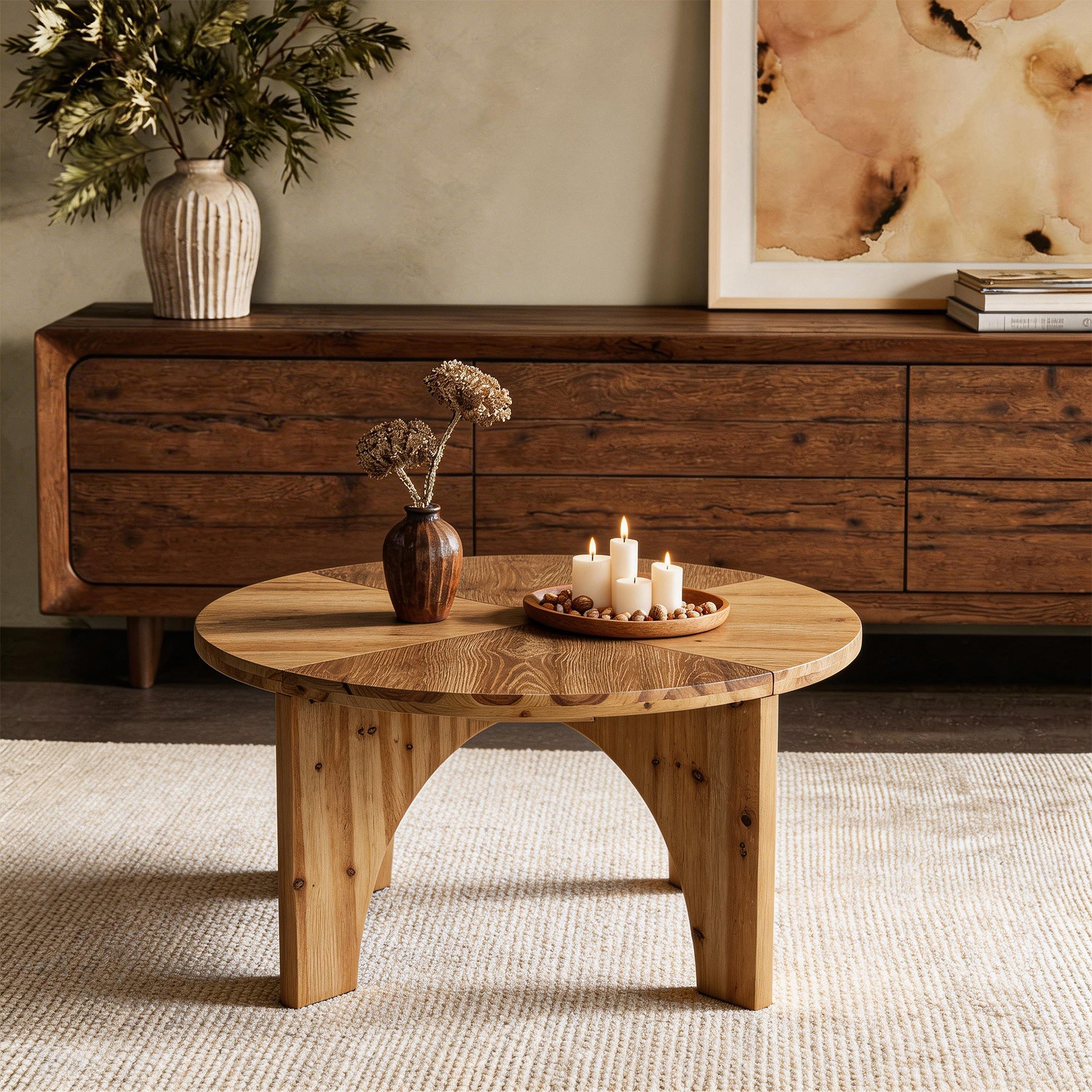 31.5" Round Coffee Table, Farmhouse Solid Wood Center Table with Curved Legs