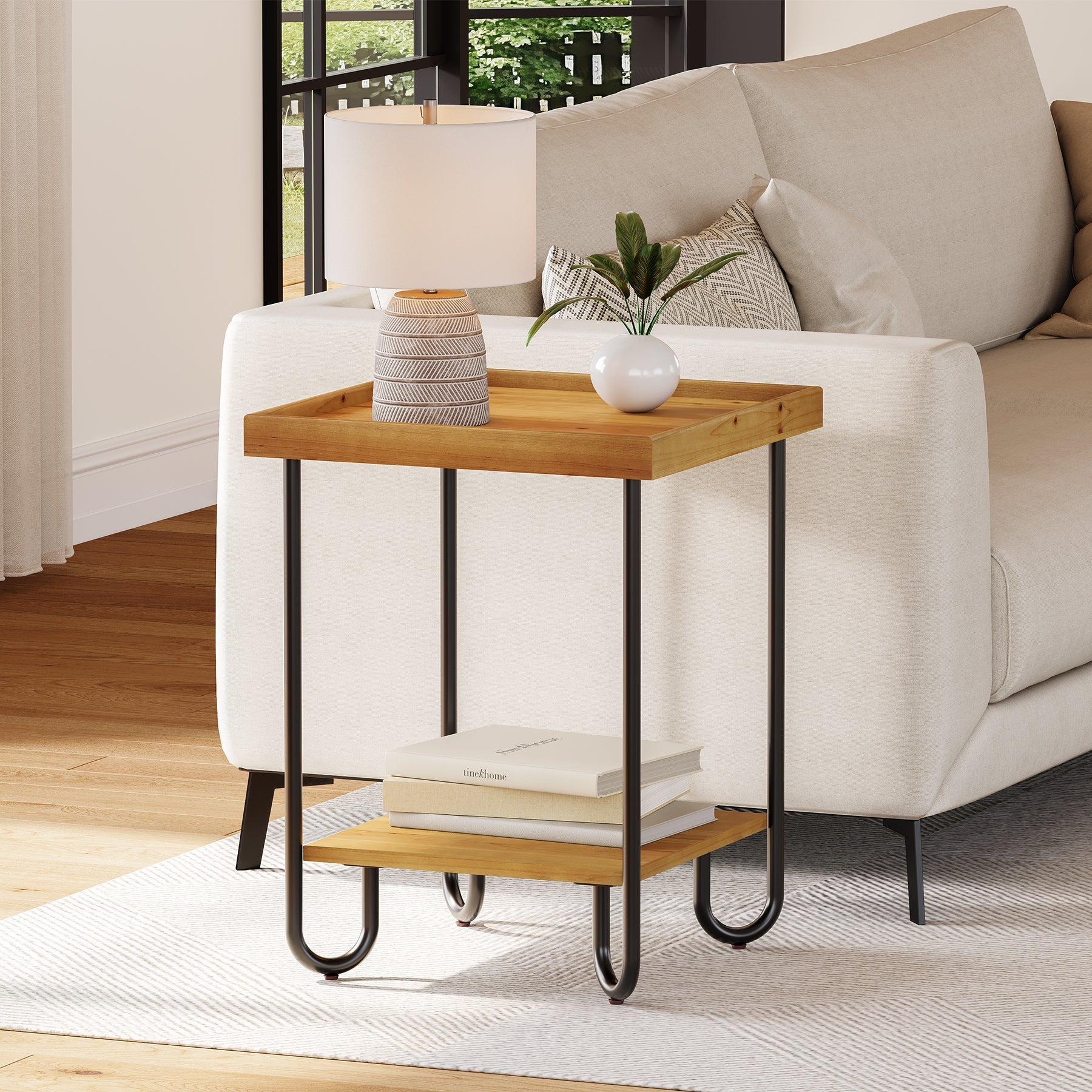 Solid Wood End Table, 2-Tier Side Table Nightstand with Storage Shelf